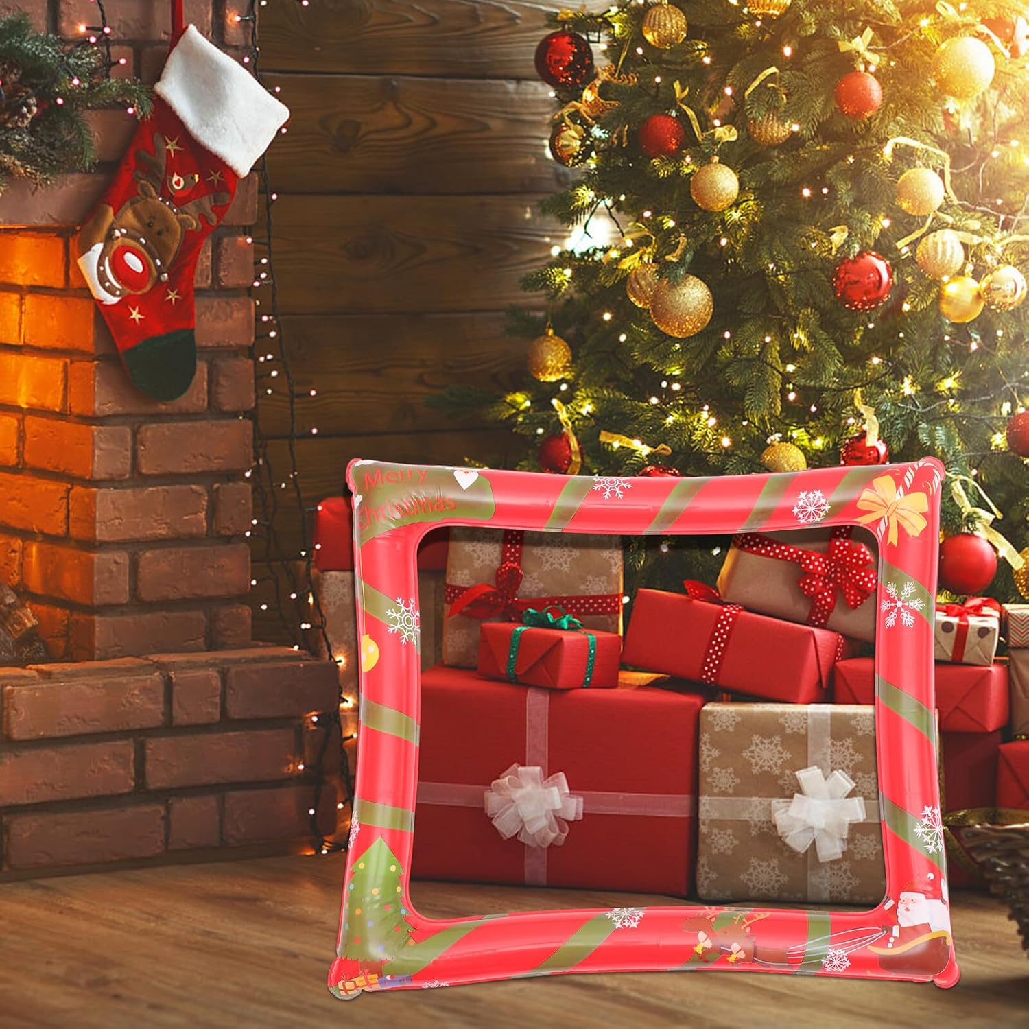 2Pcs Inflatable Christmas Photo Booth Frames Red Pet Material Bright Party Props for Festive Decoration and Memorable Holiday Pictures