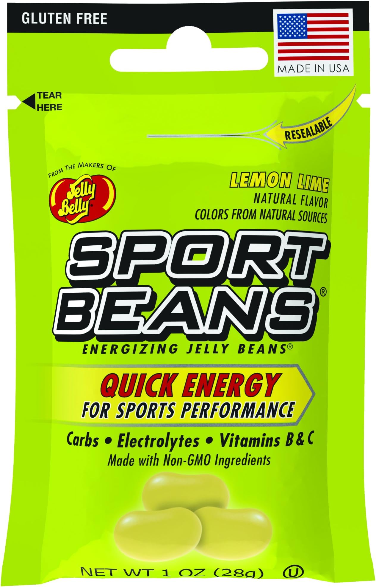 Sport Beans® Energizing Jelly Beans with Electrolytes and Vitamins, by Jelly Belly - Lemon Lime Flavor, Case of 24 x 1 Ounce Resealable Bags