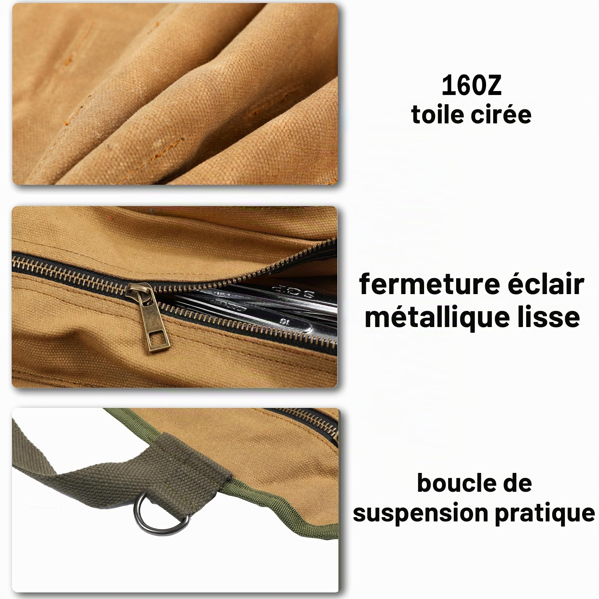Sac à roulettes pour outils en toile cirée, Grand rouleau de clés à molette avec 6 poches zippées, Sac à outils multifonctions, Kaki
