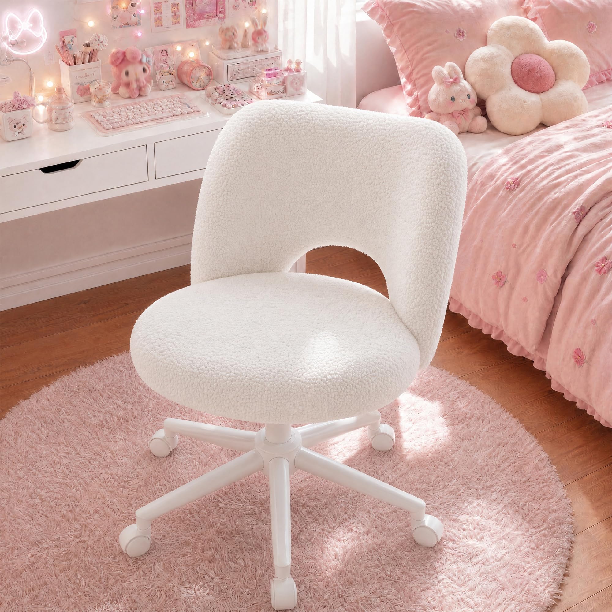 Chaise de Bureau en Roues, Chaise de Maquillage en Peluche Respirante, Chaise de Bureau Réglable en Hauteur, Chaise Pivotante pour Chambre, Salon, en Cadeau pour la Famille, 200kg, Blanc