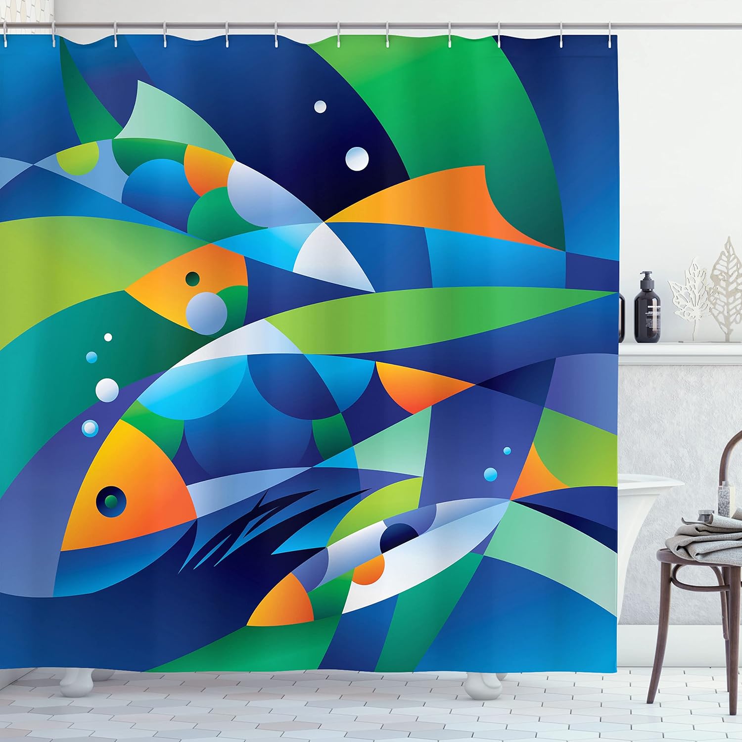 Ambesonne Ocean Shower Curtain, Abstract Digital Geometric Pieced Fish Circle Curves Depths of The Sea Theme, Cloth Fabric Bathroom Decor Set with Hooks, 69" W x 75" L, Soft Blue Lime Green Sea Blue