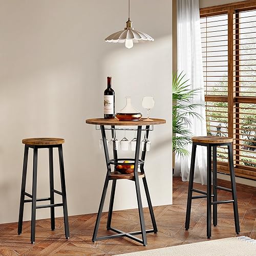 Miniatura 6 de HOOBRO Mesa redonda de bar, mesa de bar de 2 niveles con soporte para copas de vino, mesa de cóctel industrial, para espacios pequeños, taberna,
