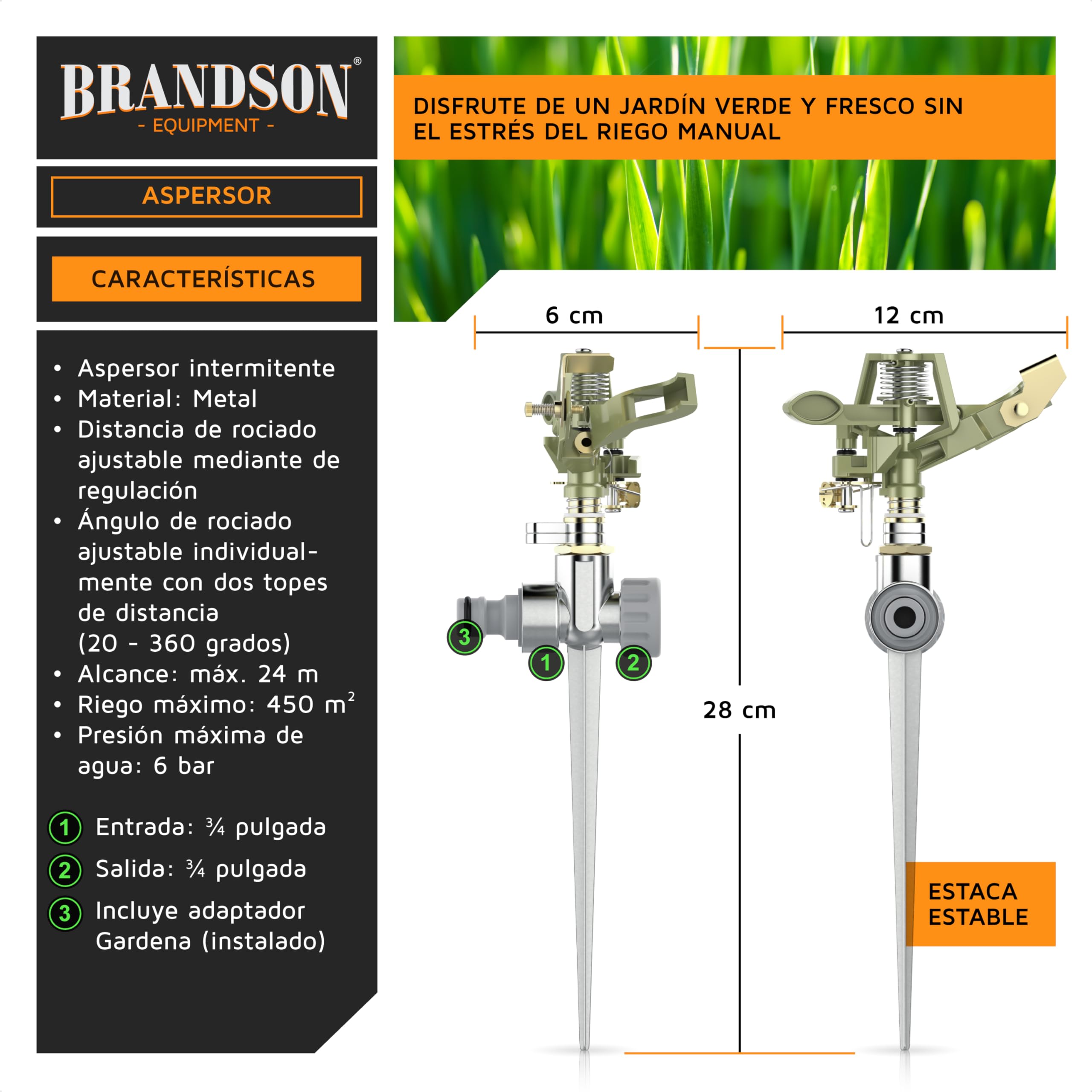 Brandson Aspersor por Pulsos, Aspersores de Riego, Aspersor oscilante de riego para Grandes áreas Circular y Sectorial para regar Plantas, céspedes y Jardines de hasta 450 m², 6 Bar, Alcance de 12 m