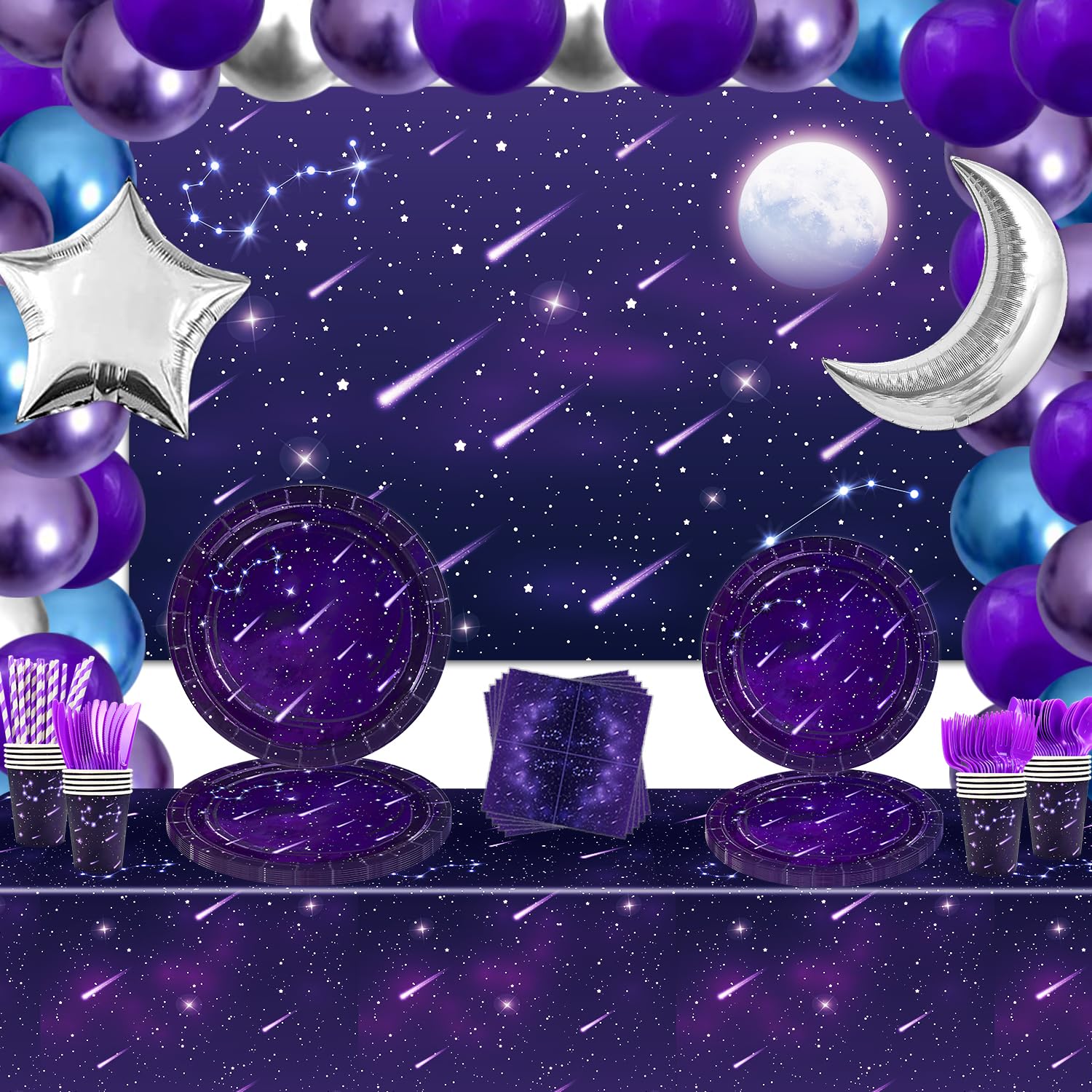 206 Pcs Space Galaxy Party Decoration Star Party Supplies Purple Outer Space Theme Party Supplies Galaxy party Tableware Set Paper Plates Napkins Tablecloth Space Theme Backdrop Favors for 20 Guests