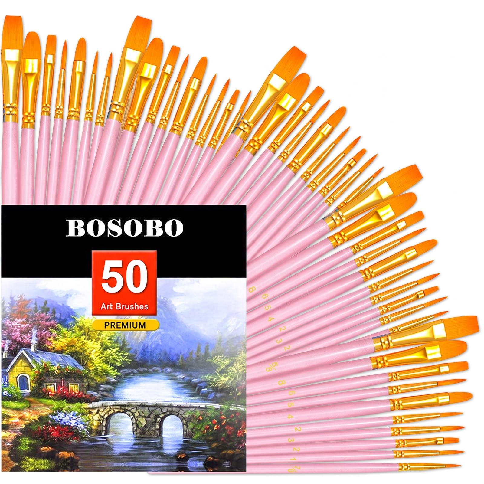 BOSOBO Assorted Nylon Acrylic Artist Paint Brushes Set,Pink,50 Pcs