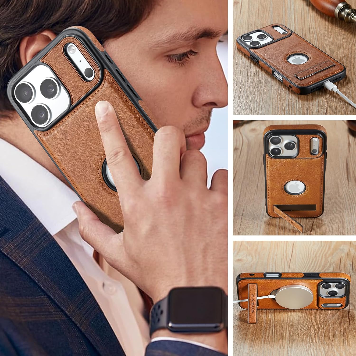 Casus Designed for iPhone 17 Pro Max Case with MagSafe, Slim Kickstand Vegan Leather Protective Cover with Tempered Glass Screen Protector, 6.9 Inch (2025), Brown - Image 5