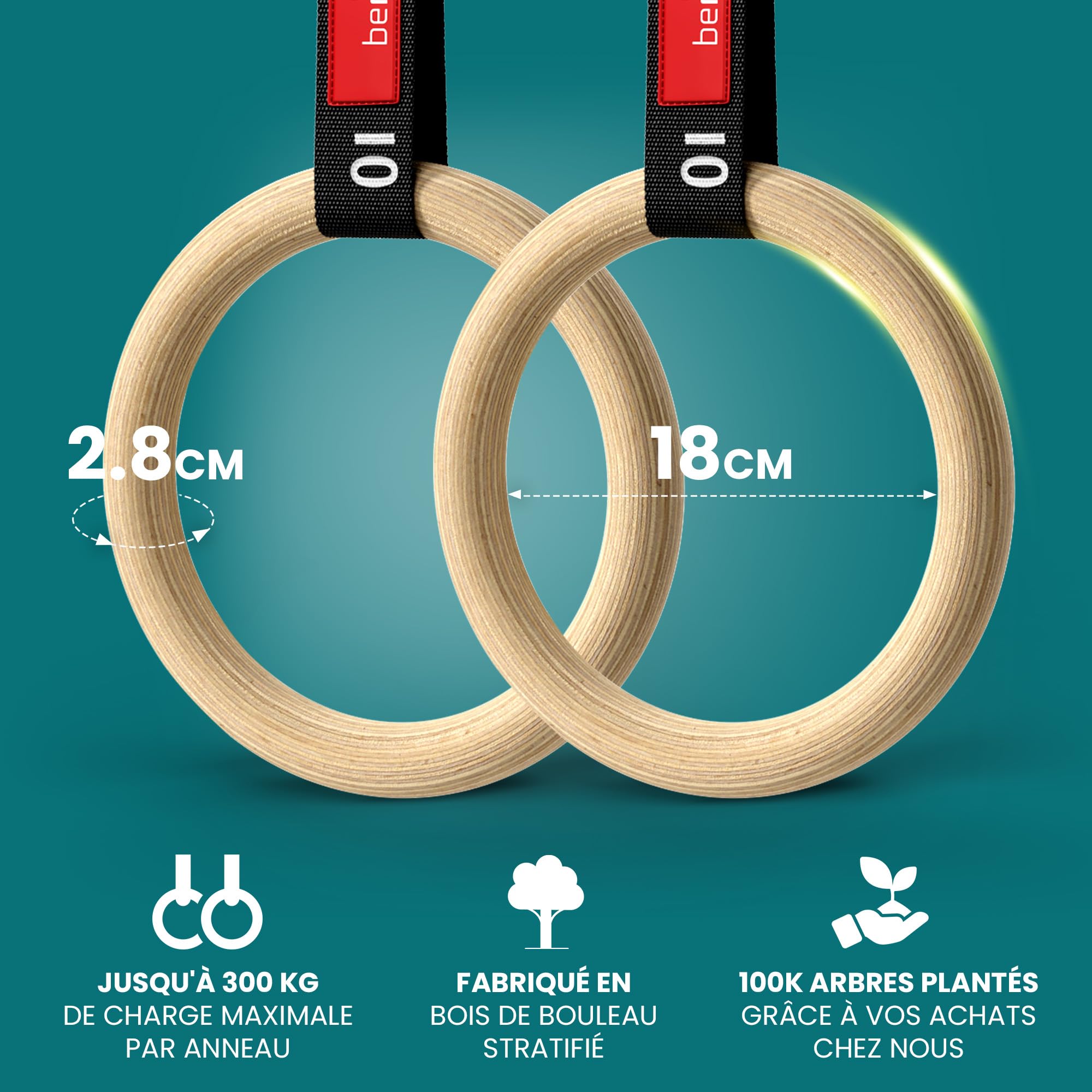BeMaxx Anneaux de Gymnastique en Bois avec Support Porte, Sangle de Sécurité Graduées et Livre d’Exercices | Set Gymnaste Réglable pour Musculation