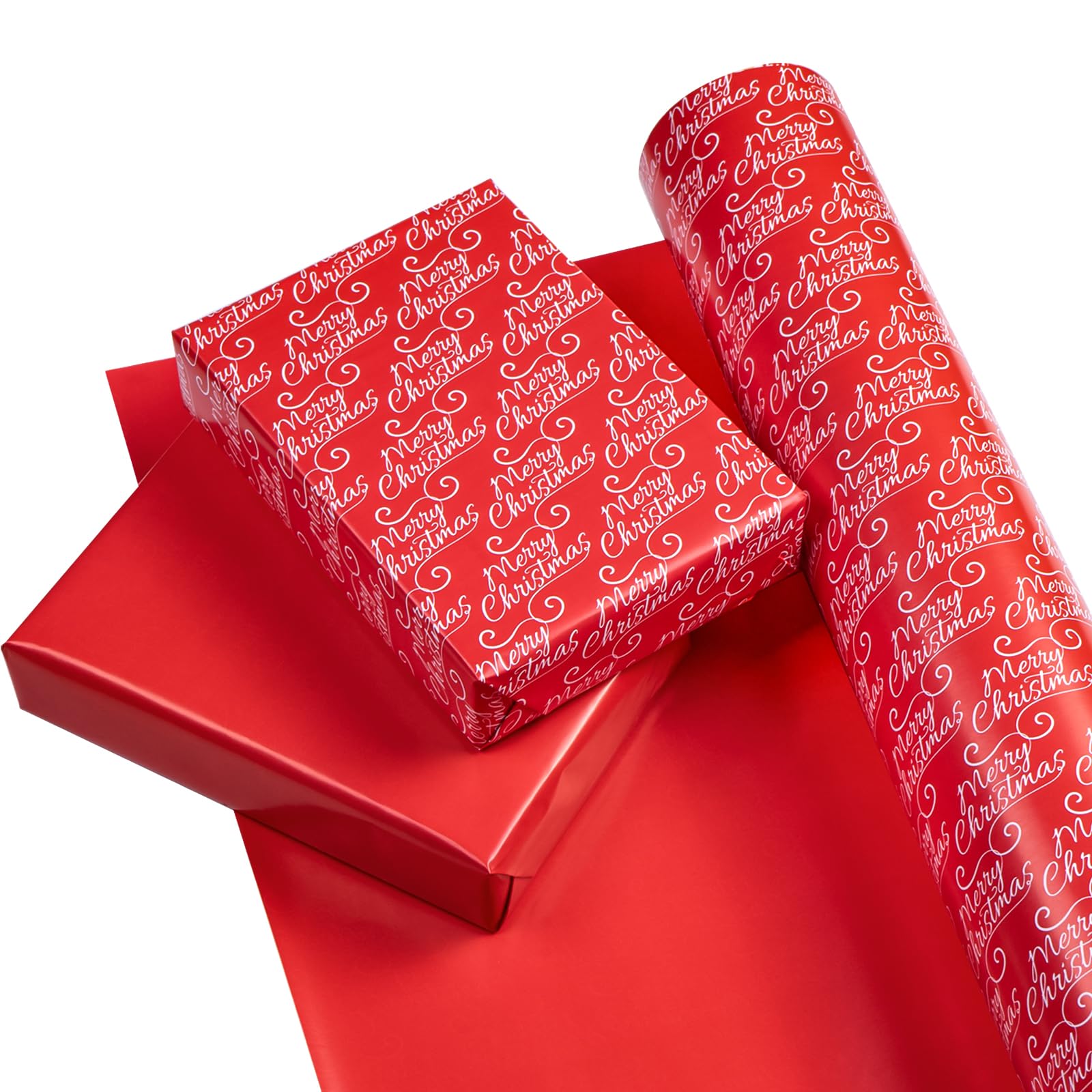 WRAPAHOLIC Wendbares Weihnachts-Geschenkpapier – 76,2 cm x 30 m Jumbo-Rolle Merry Christmas Schriftzug und solides rotes Design