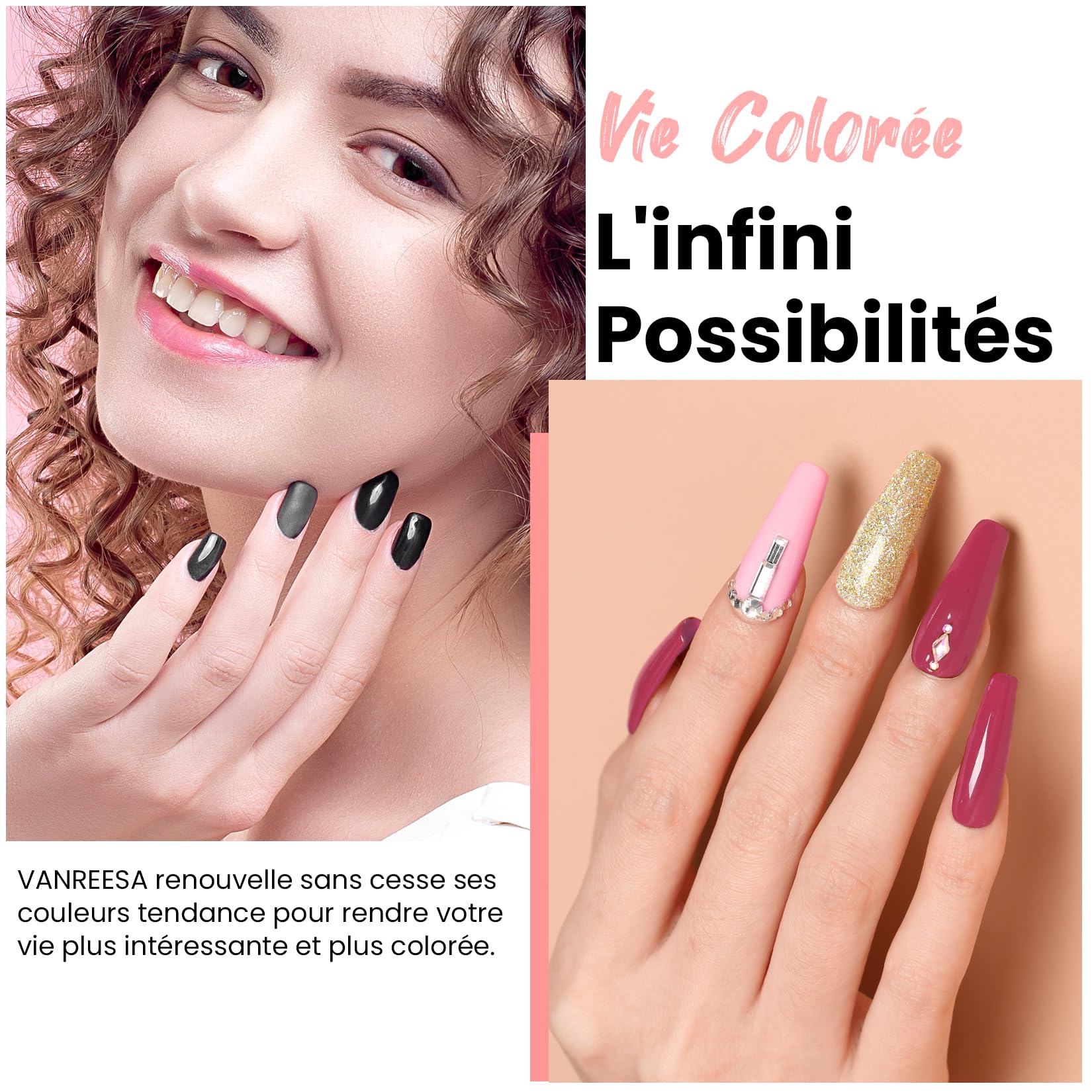 VANREESA 50 Pièces Vernis Semi Permanent, 45 Couleurs Vernis Gel U V Semi Permanent avec Base Coat et 4 Top Coats Brillant Mat Pailleté, Vernis à Ongles Noir Blanc Rouge, pour Manucure DIY à Domicile