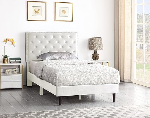 Base de cama tapizada individual con cabecera ajustable de 48 pulgadas de alto cama de terciopelo de gamuza capitoné con botones soporte de listones