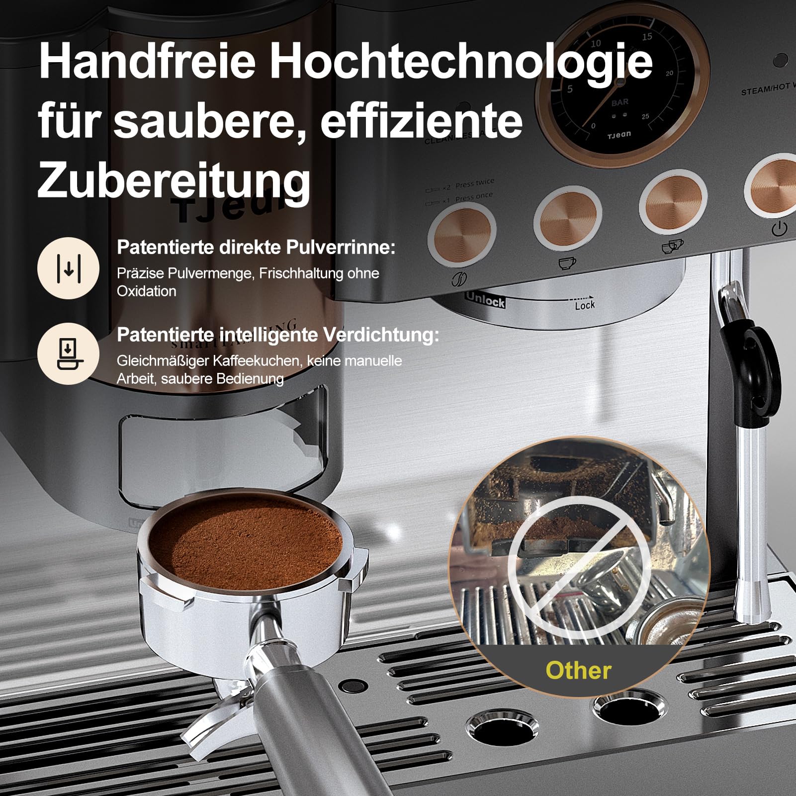 Tjean Barista Senso Doppelboiler Siebträgermaschine mit Mahlwerk und Manuellem Milchschäumer,3-in-1 Dampf-Espressomaschinen,20 Bar ital. Drucksystem,2,8L Wassertank (Grau-Gold)