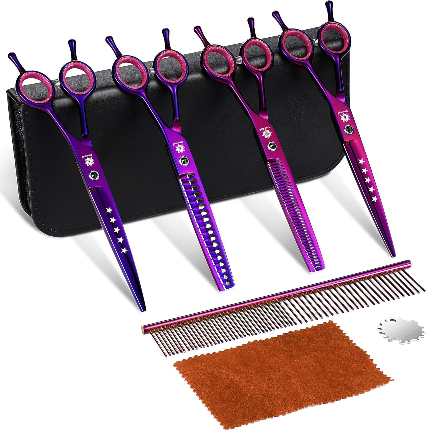 Dream Reach Dog Grooming Scissors – 7″ Professional 6 in 1 Pet Scissors Sharp and Durable Shears Set Thinning, Chunker, Straight, Curved Shears and Comb for Dog Cat Pets, Purple