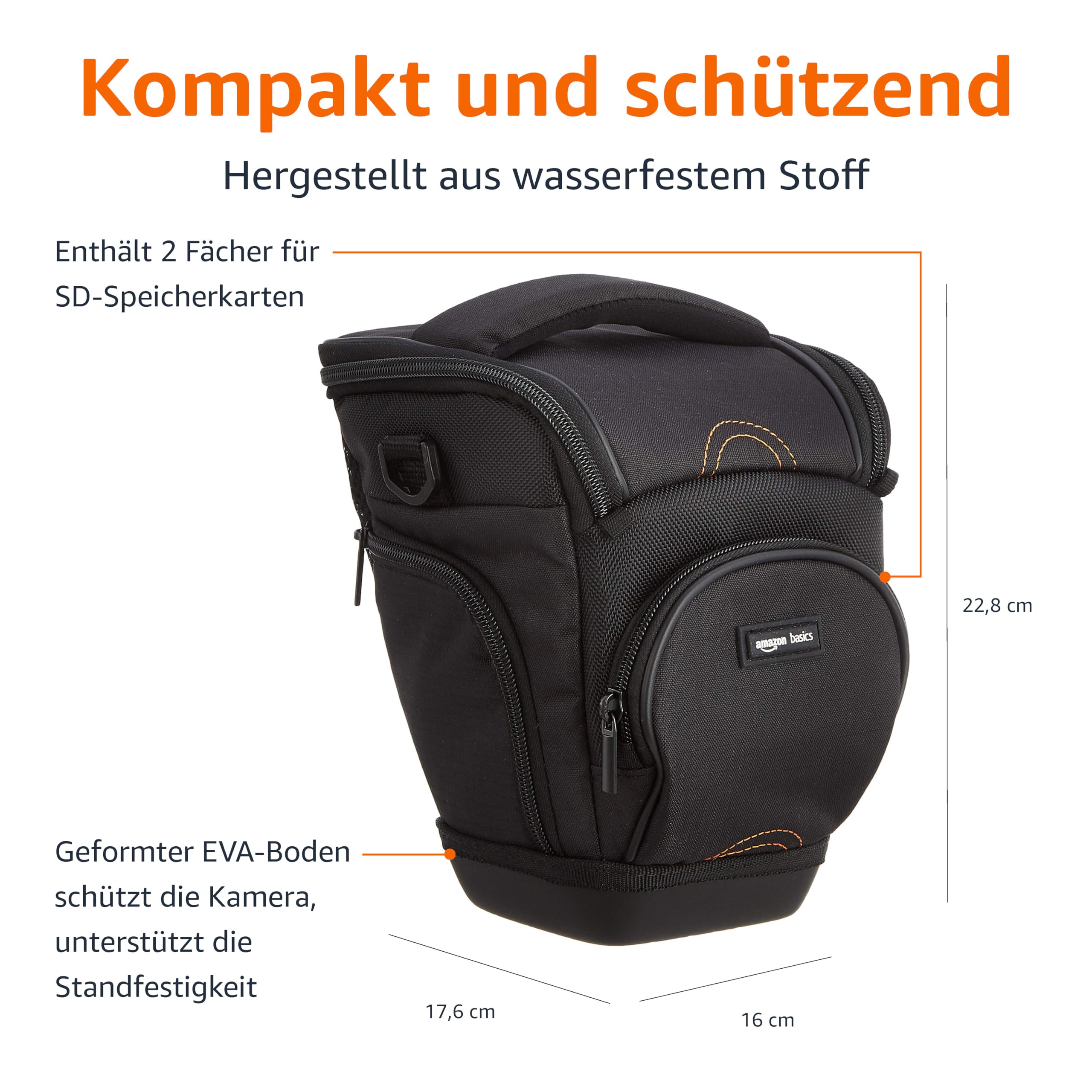 Amazon Basics Holster SLR Schultertasche für Kamera-Körper und Objektiv, Abnehmbarer Gurt, wasserdicht, stoßfest, gepolstert, Einfarbig, Zubehörtasche - Schwarz