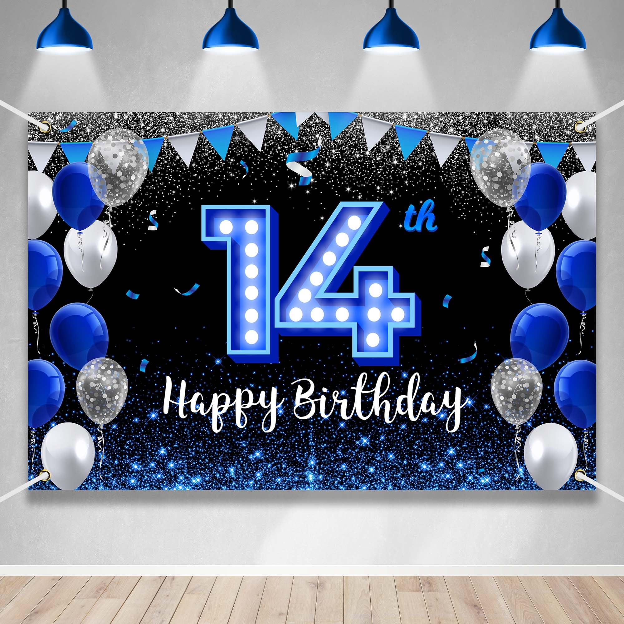 Happy 14th Birthday Backdrop Banner Blue Black Theme Background With Blue Neon Light Shiny Fashion Birthday Party Photo Photography Prop Booth