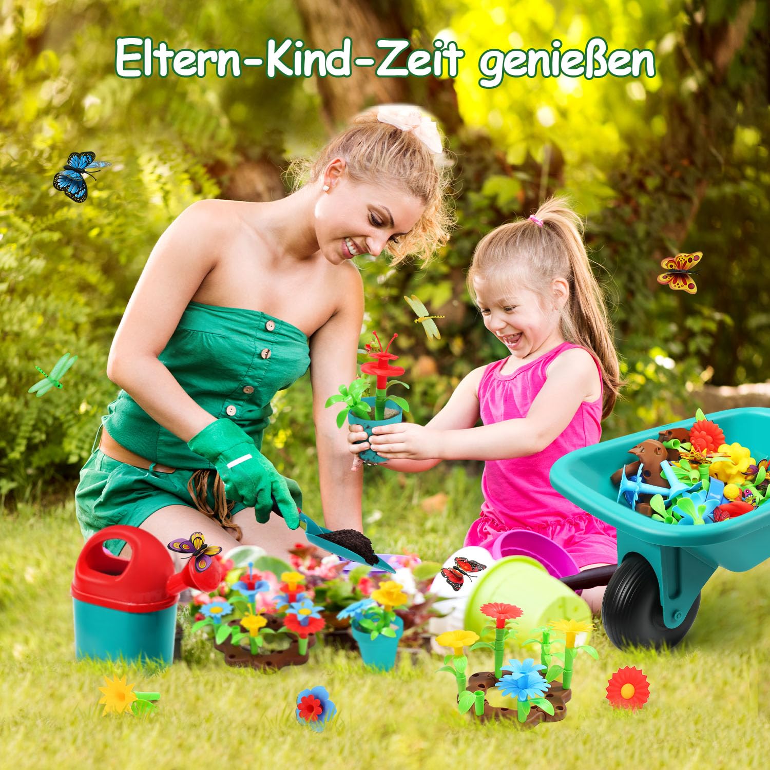 cute stone Gartenwerkzeug-Set für Kinder, Gartenspielzeug mit Schubkarre, Gießkanne, Schaufel, Blumengarten-Bauspielzeug, Rollenspiel für draußen und drinnen