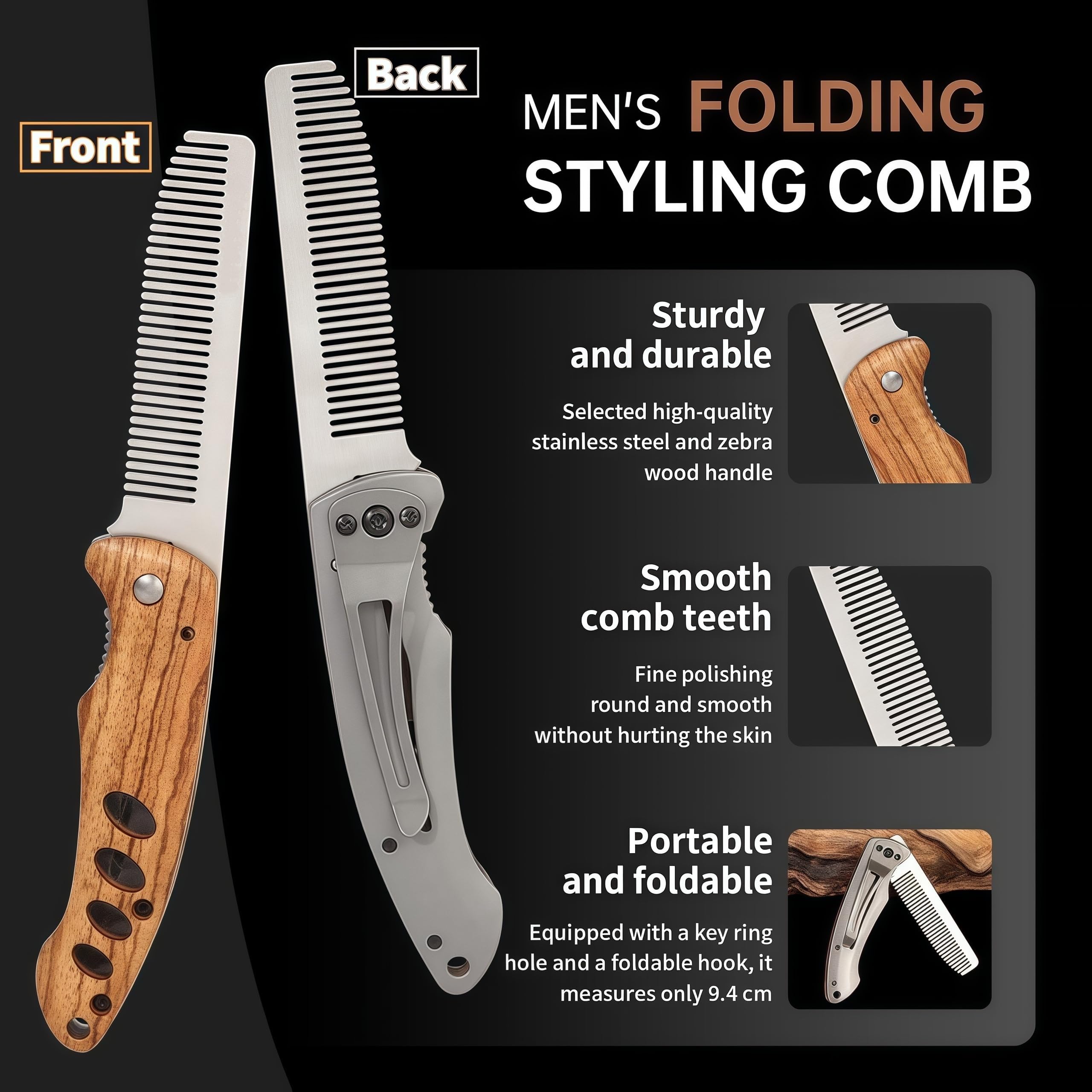 1 Pezzi pettine barba uomo pieghevole in legno e acciaio inox, accessorio da viaggio per barba baffi, modello tascabile per capelli e cura quotidiana maschile, design portatile per uso casa e viaggio