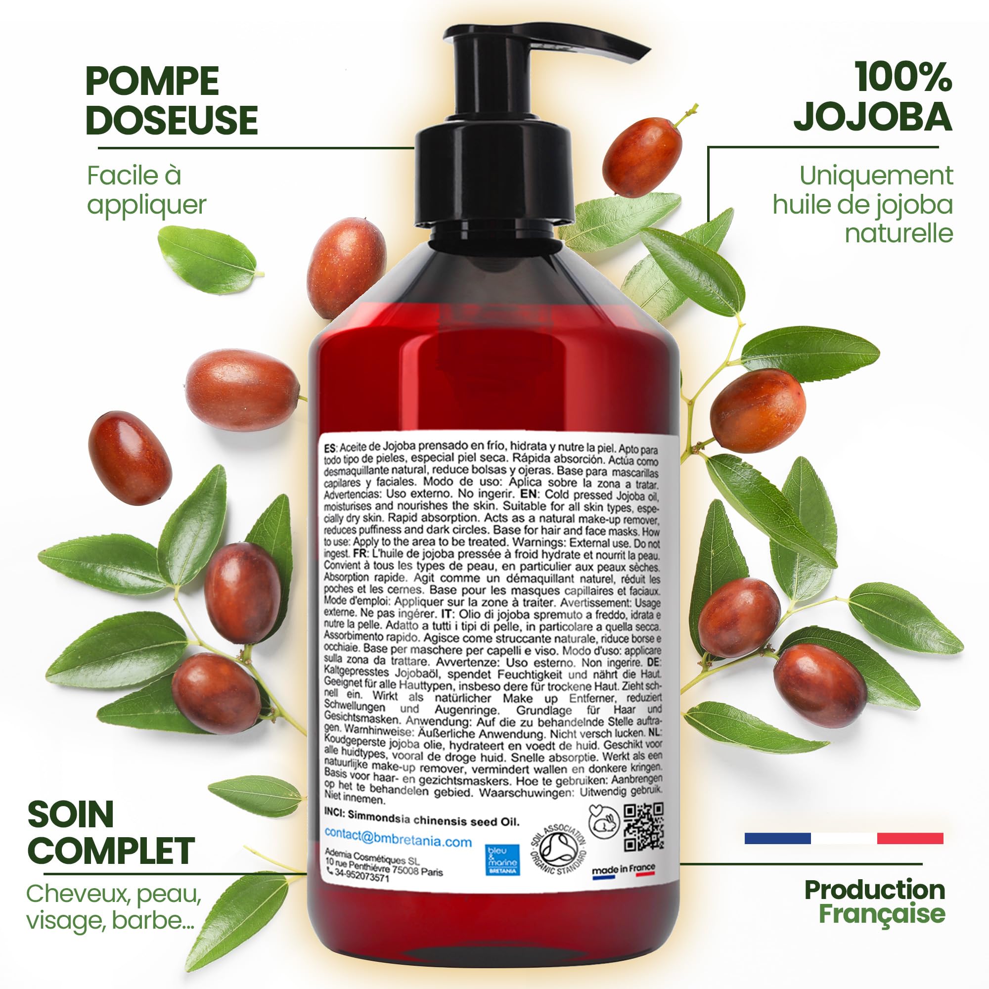 Huile de Jojoba Bio Pure et 100% Naturel: Huile Visage, Hydratant Cheveux et Barbe, Anti Âge, Huile Démaquillante Visage, Sérum Cils, Huile Cuticules Ongles, Soin Peau Atopique - 1000 ml 1 L