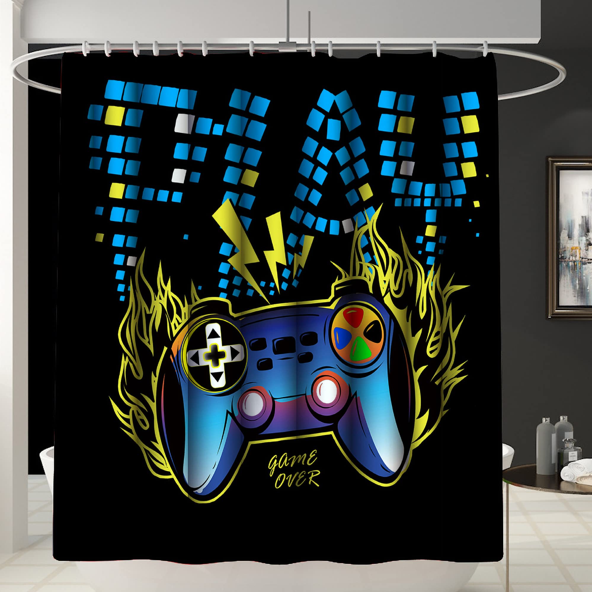 4 Pcs Gaming Shower Curtain Set for Bathroom, Boys Gamer Bath Curtain for Kids Teens, Gamepad Controller Curtains with Rugs Bathroom Decor, Video Games Curtain Waterproof Fabric with Hooks 2