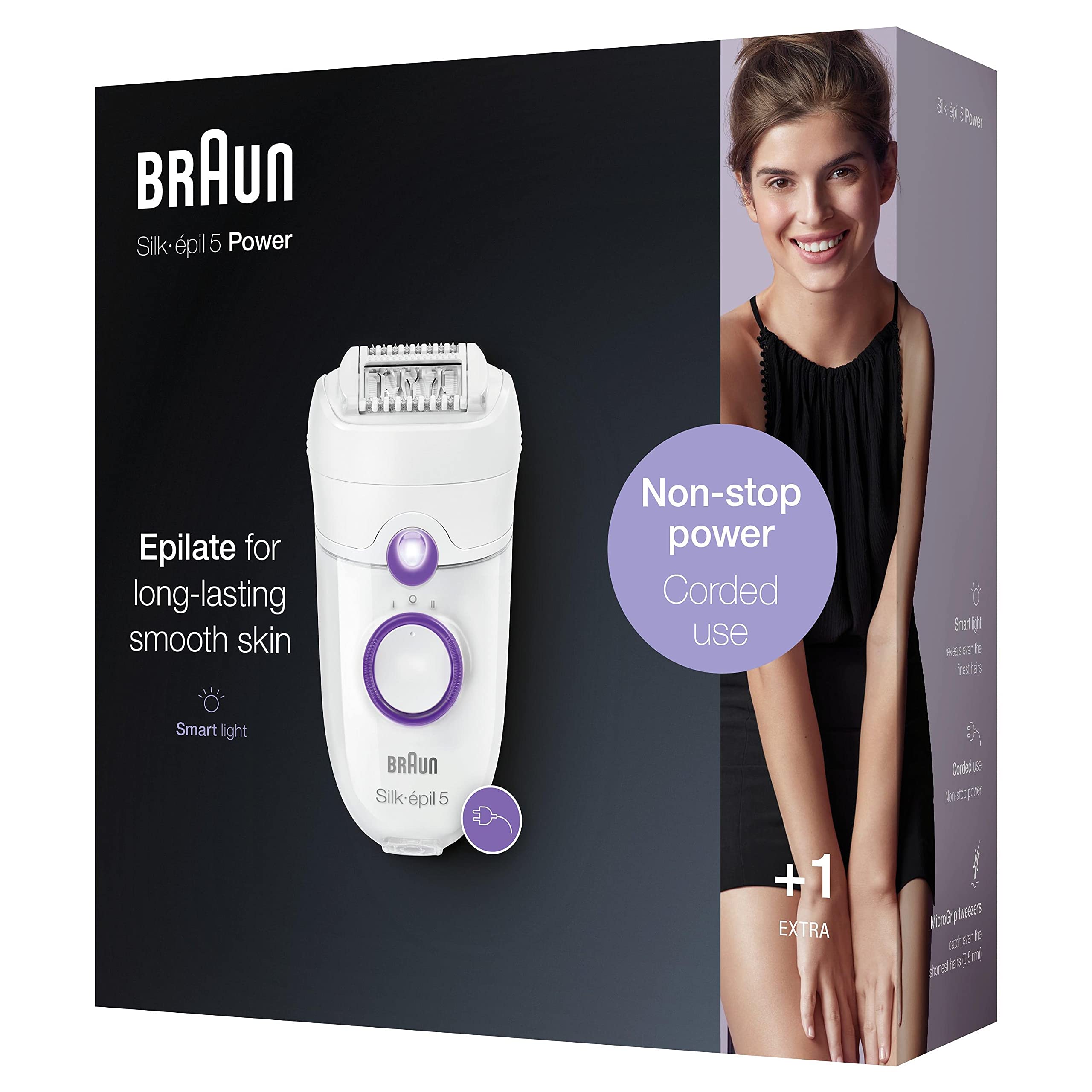 Braun Silk-épil 5, damski depilator, nadaje się do trudnych konturów, z regulacją prędkości, wygodne usuwanie włosów, pomysł na prezent, 5-505 biały i fioletowy