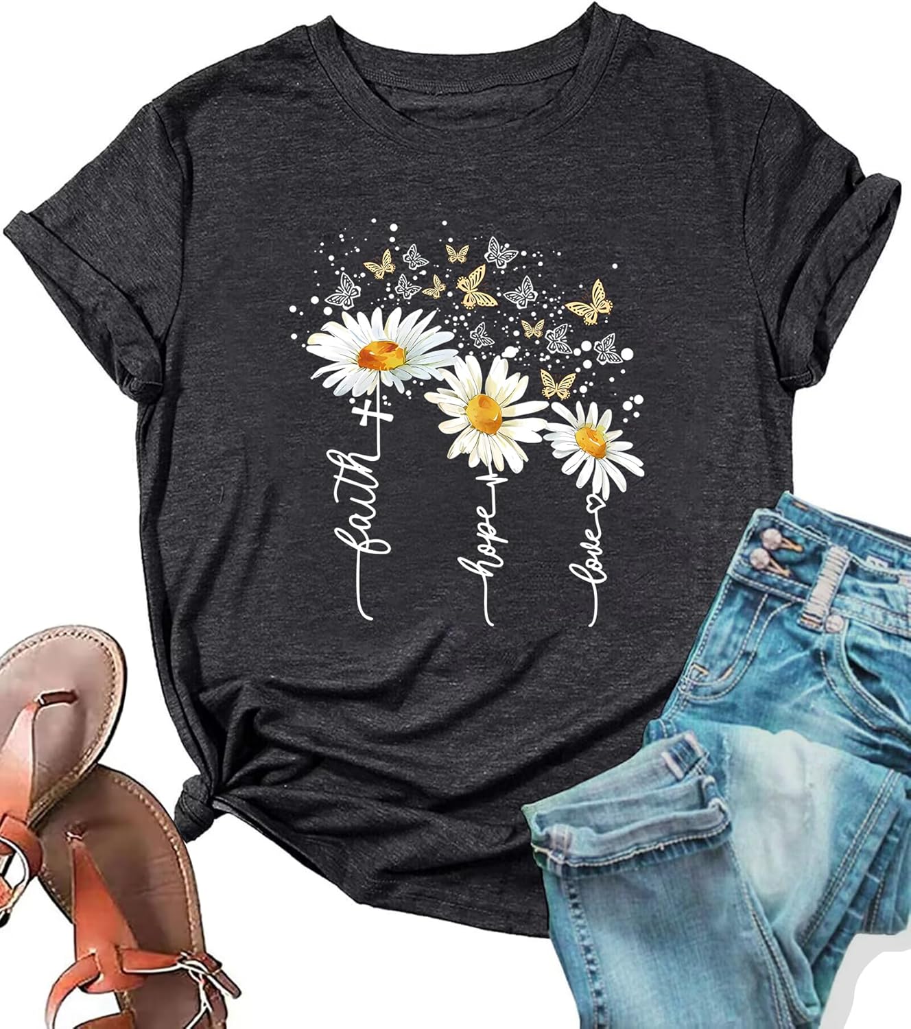 Women's Cute Christian Shirts,Daisy and Butterfly Print Faith T-Shirt Crewneck Short Sleeve Summer Tops Blouse