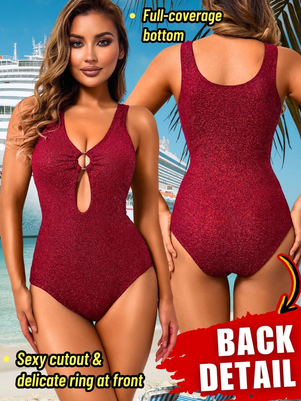 Petite Metallic Swimsuits for Women,Sparkly Glitter Keyhole Sexy Bodysuit,Cheeky One Piece Swimsuit Beach Concert