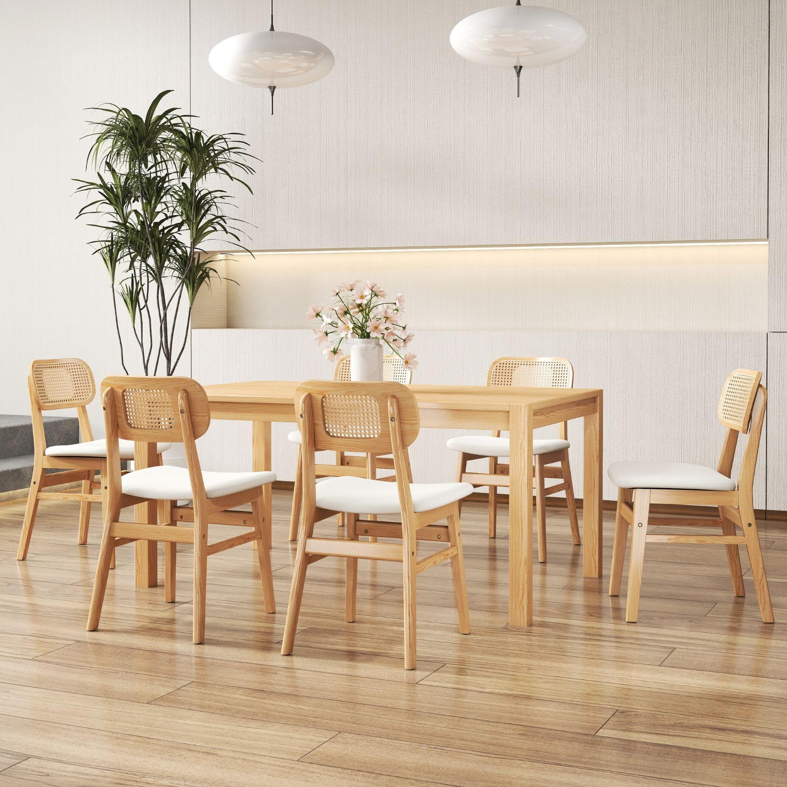 ROCITY Rattan Dining Chairs Set of 6 Beige Linen Fabric Dining Room Chairs Natural Wooden Kitchen Chairs Farmhouse Boho