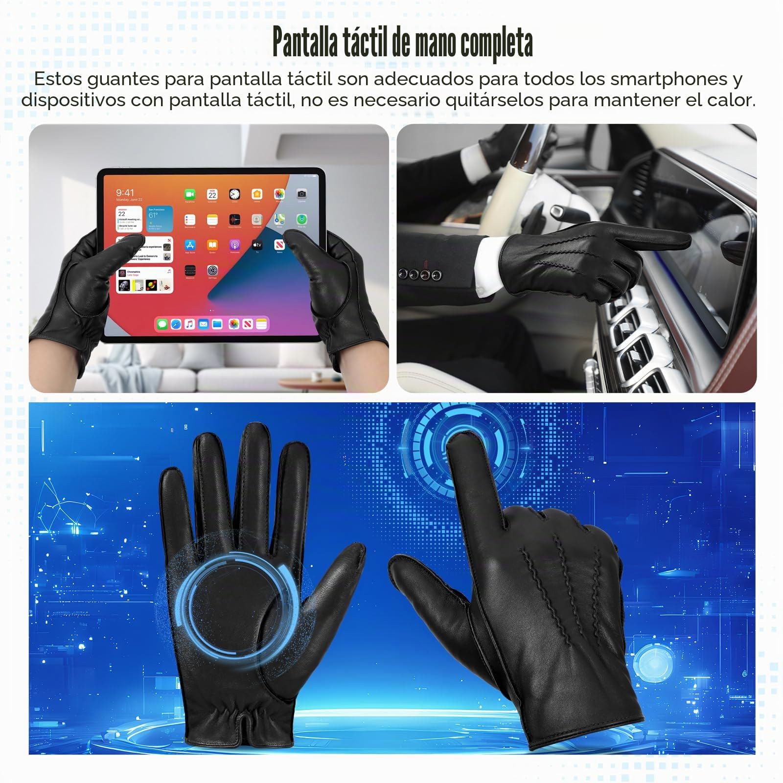 GSG SINCE 1998 Guantes Piel Hombre de Cuero Negro L | Piel de Oveja Sin Cromo, Compatibles con Pantalla Táctil, Forro lana de cordero, Guantes de Invierno para Conducir