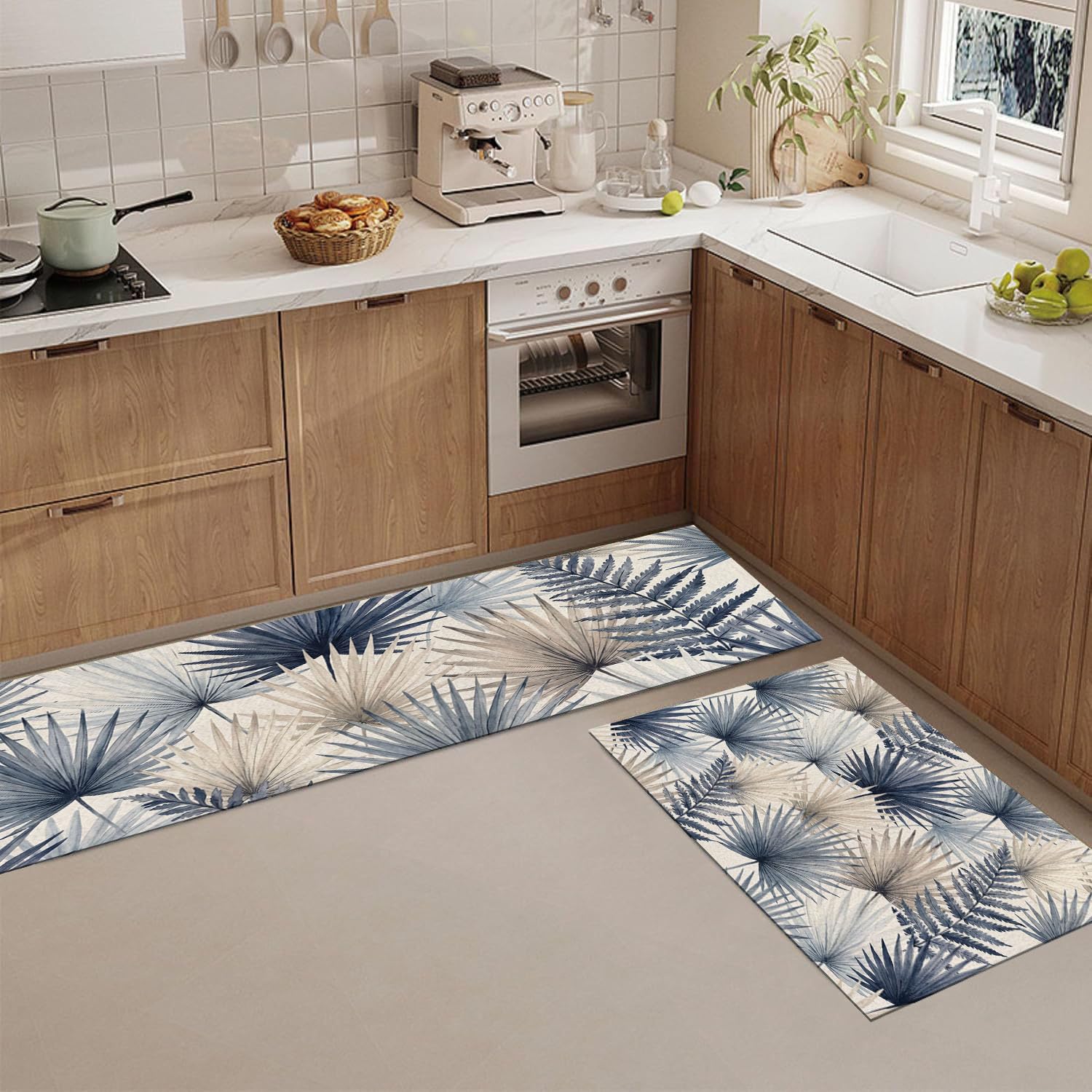 Tappeto Cucina Lavabile Antiscivolo Texture Di Foglia Di Palma Tropicale, Set Da 2 40X60+40X120Cm, Tappetino Cucina Resistente Pianta Ad Acquerello, Tappeti Passatoia Anti Fatica Facili Pulire, Blu