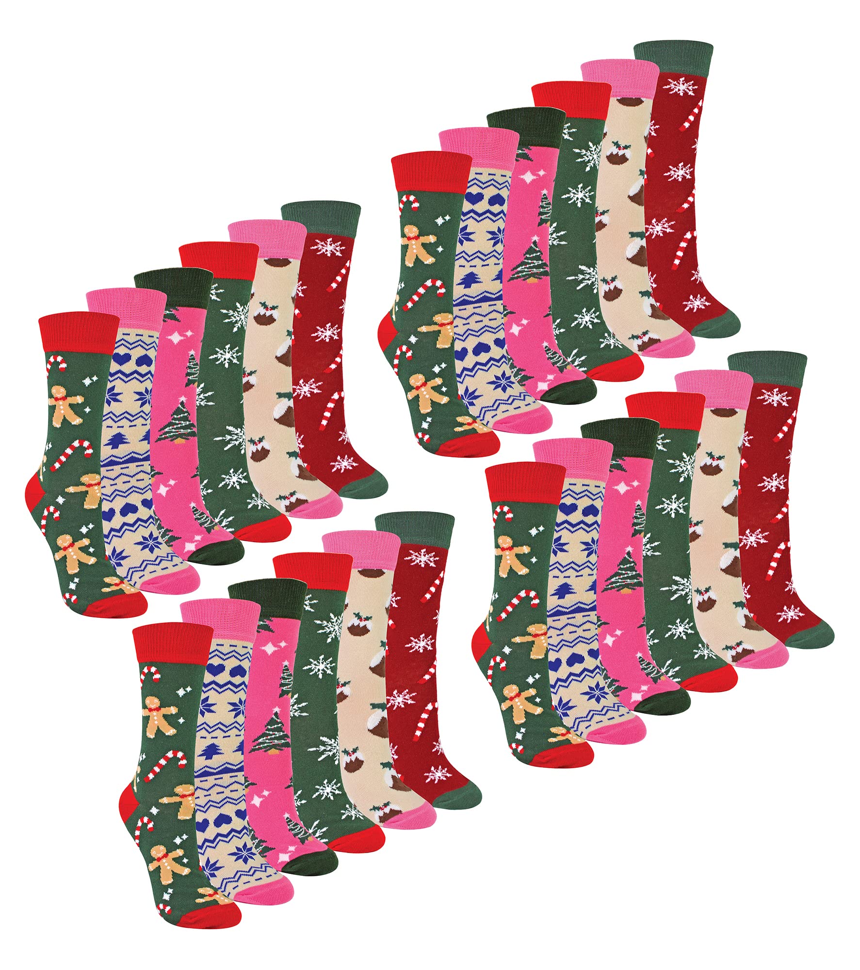 Ladies Christmas Socks | Sock Snob | Womens Colourful Novelty Design Xmas Socks | Gift for Her (4-8, 24 Pack)