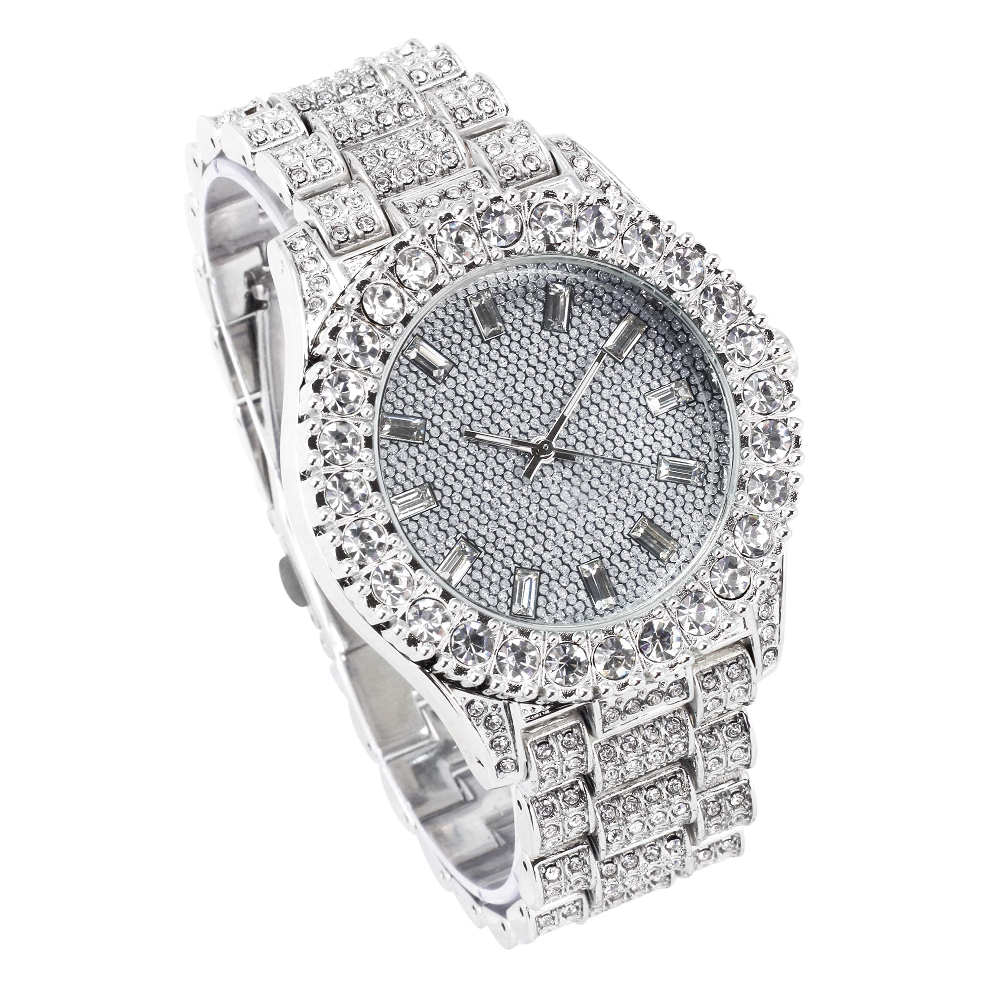 Womens Iced Solitaire Bezel Watch & Chain Set, 44mm Case - Silver Baguette Dial, Tennis Chain