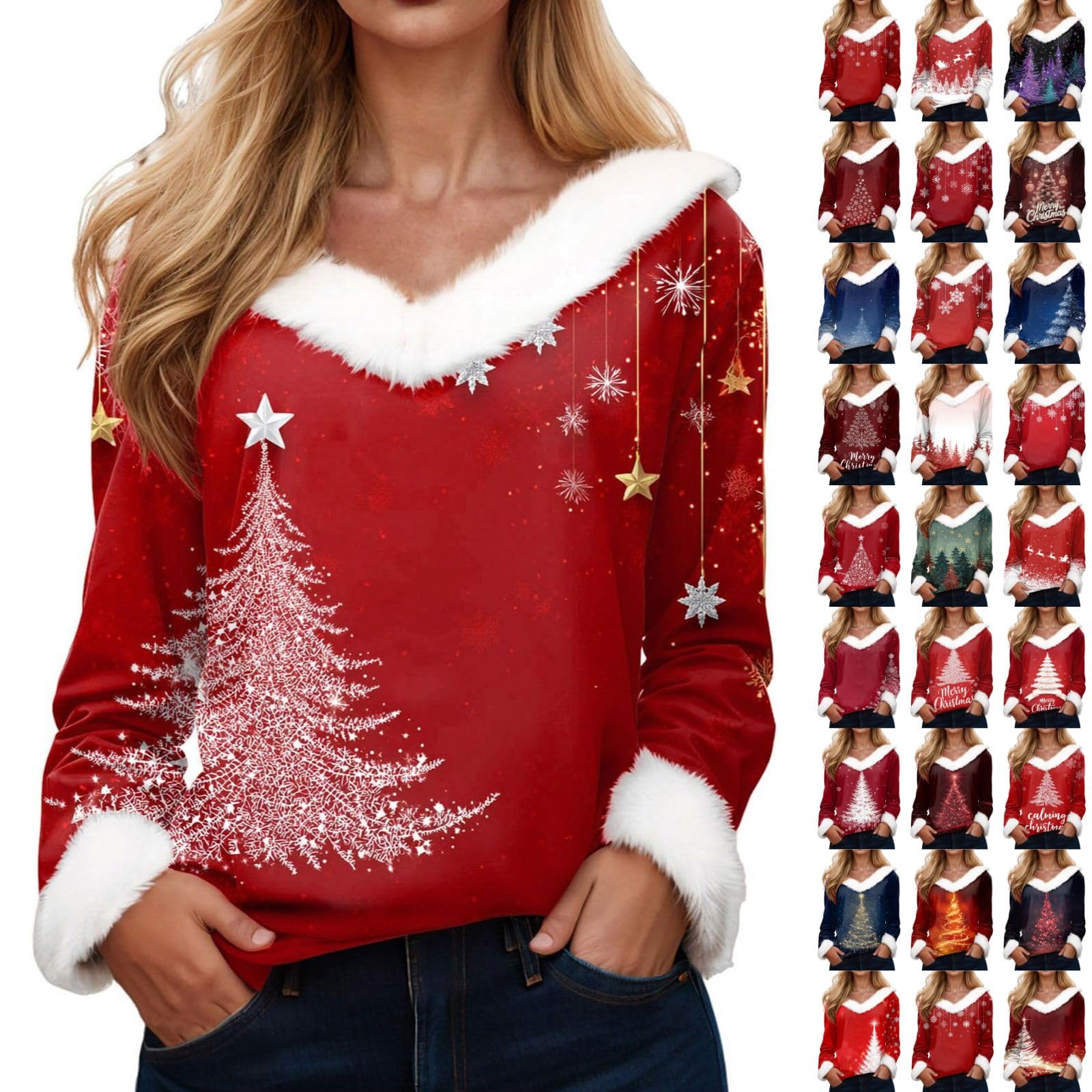 Christmas Sweater for Women-Faux Fur Trim V Neck Sweatshirts Funny Xmas Long Sleeve Loose Pullover Cute Graphic Tops