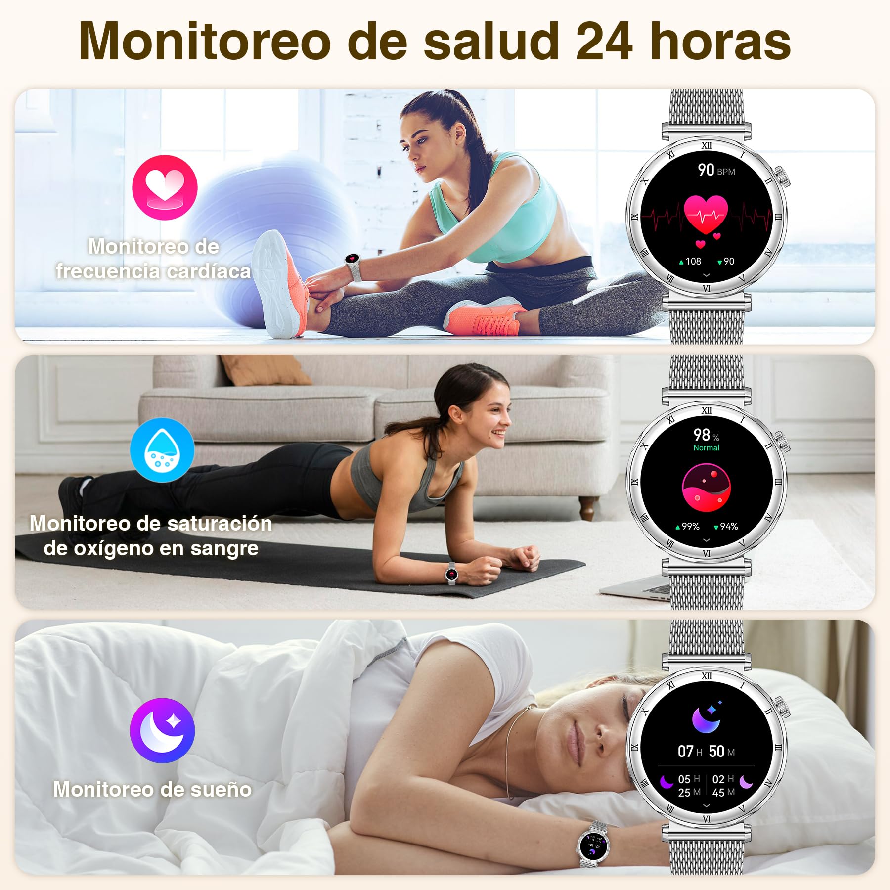 Reloj Inteligente Mujer Redondo(3 Correas) Smartwatch 1,19" AMOLED Responder/Hacer Smart Watch Compatible iPhone Android Monitorear Sueño/SpO2/FC, 120 Modos Deportivos IP68 Resistente Agua, Plateado