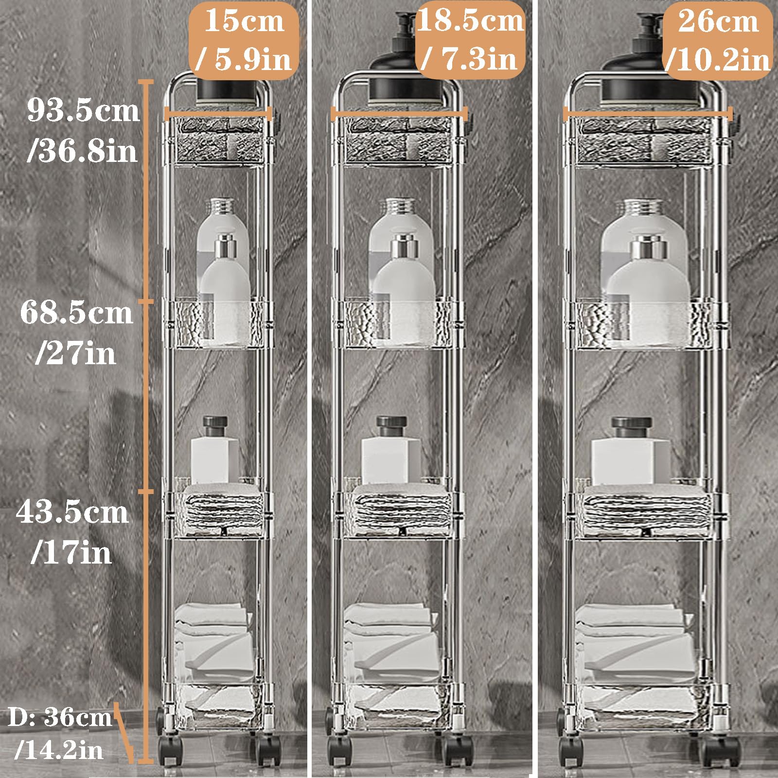 Carrito rodante delgado de Armario Gadts – Estante de ruedas de acrílico transparente para zonas estrechas, ideal para uso en baño y cocina