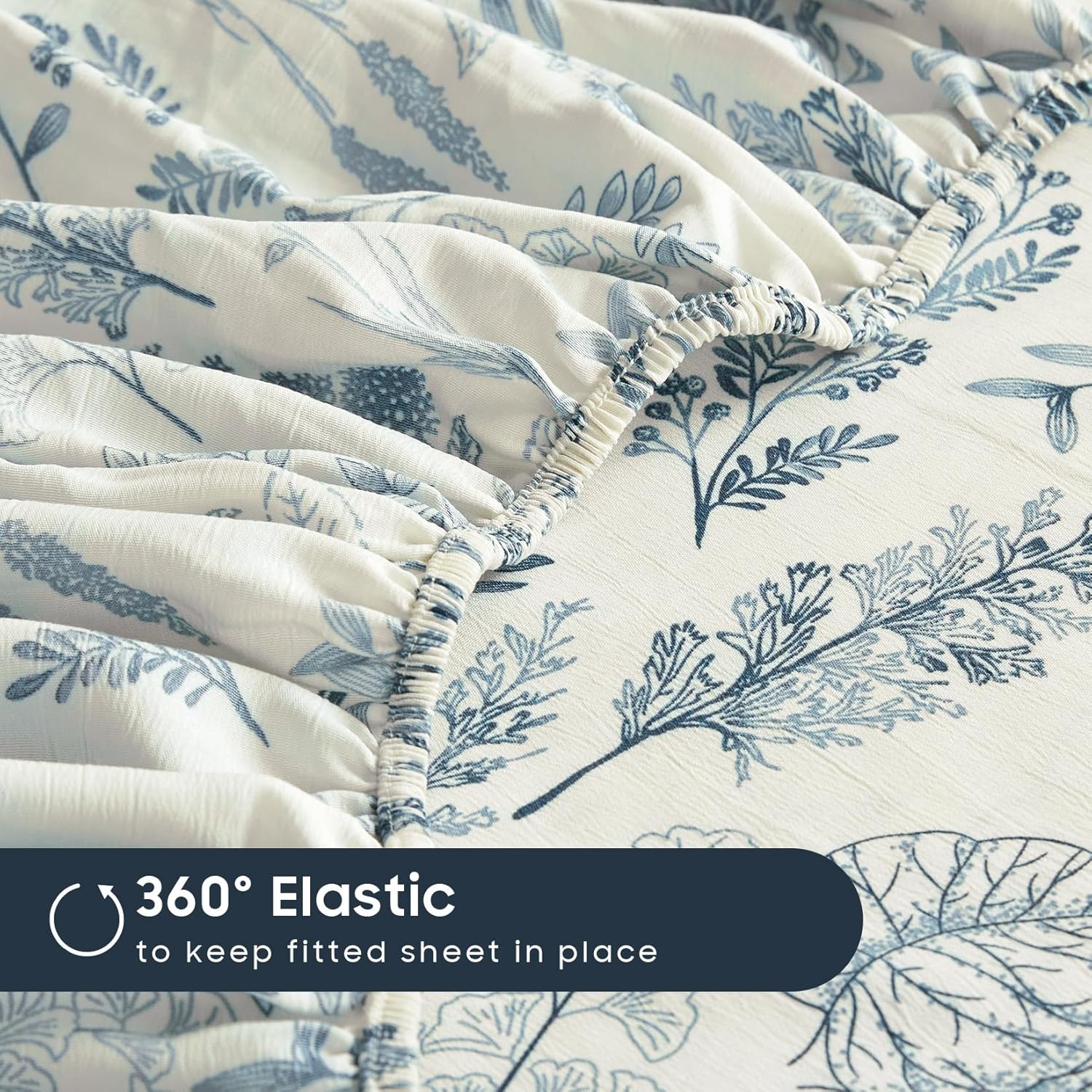 Wake In Cloud - Botanical Bed Sheets, 4-Piece Sheet Set, Floral Shabby Chic Leaves Pattern Printed Coquette Vintage Aesthetic Bedding, Deep Pocket, Ivory Blue, Queen Size