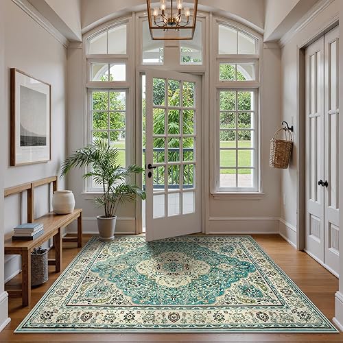 Miniatura 437 de Lahome Tapete tribal bohemio, pequeño, suave, antideslizante, lavable, de pelo corto, para piso en puerta, interior, entrada, baño, silla, Verde