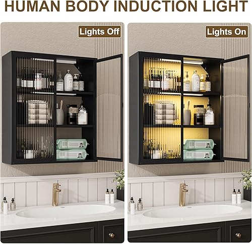 Miniatura 4 de Armario de pared de baño con puertas de cristal, botiquín de metal con luz LED, armario de almacenamiento sobre el inodoro para lavandería, cocina,