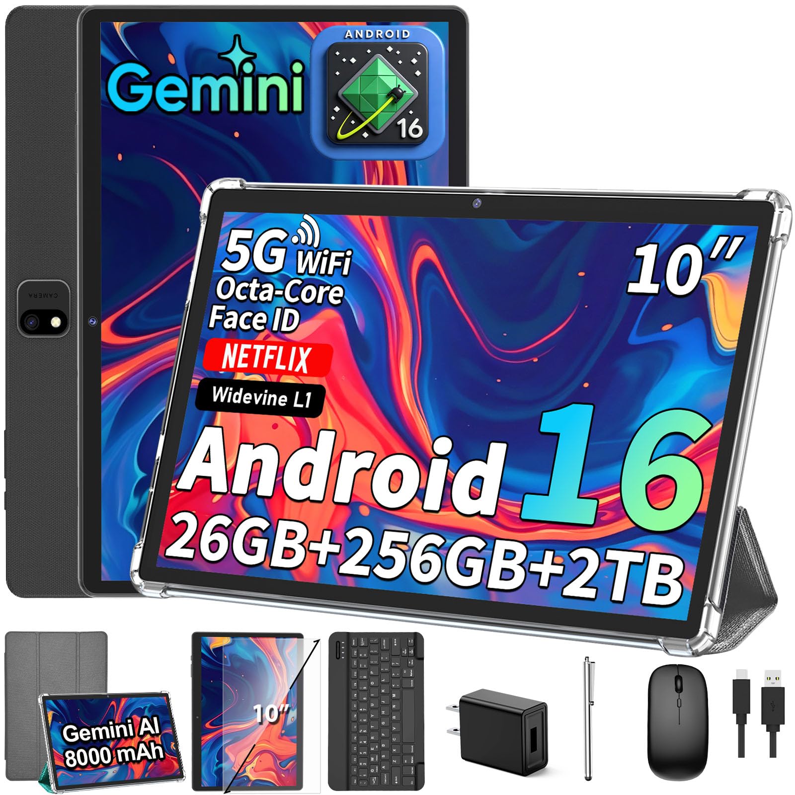 2026 Android 16 Tablet with Keyboard, 10 Inch Tablet with Gemini AI(Silver)