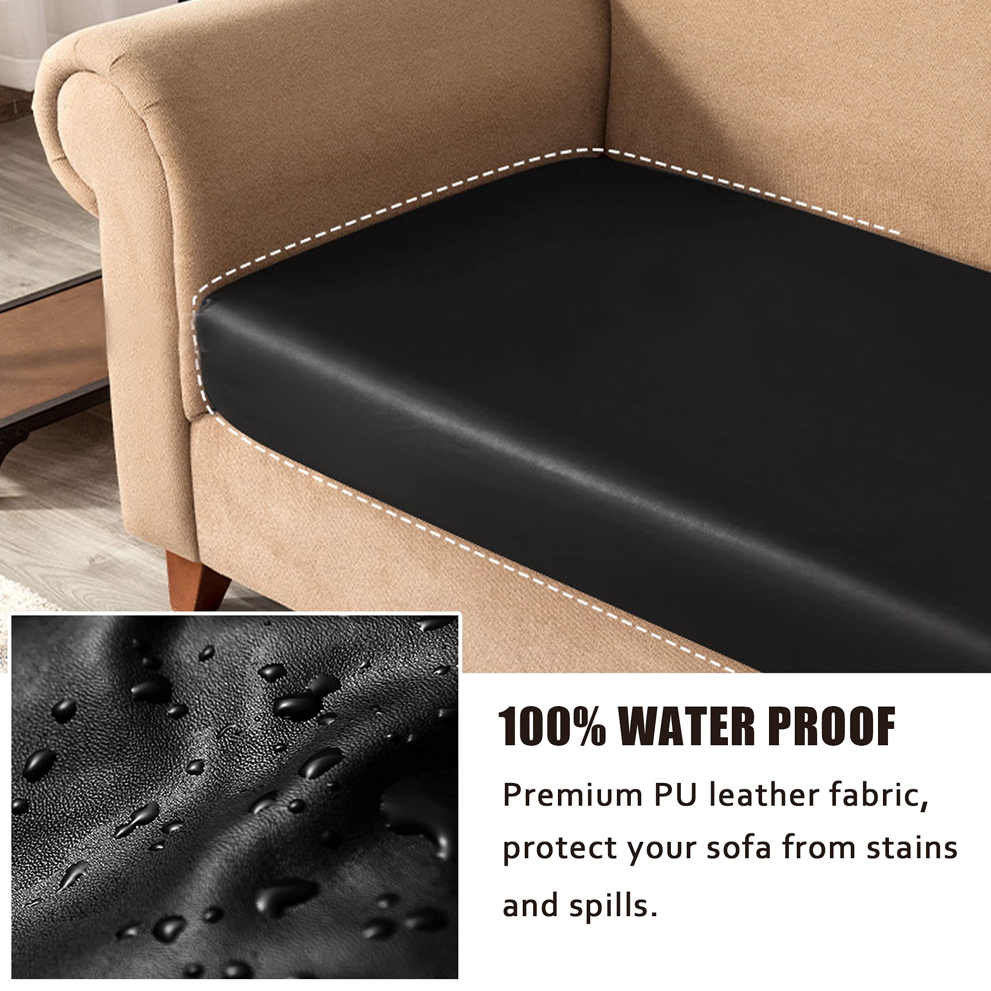 Fundas de cojín de cuero sintético impermeables para sofá con parte inferior elástica, protector de muebles lavable para sofá de cuero, 3 plazas (cojín de sofá, negro) 3