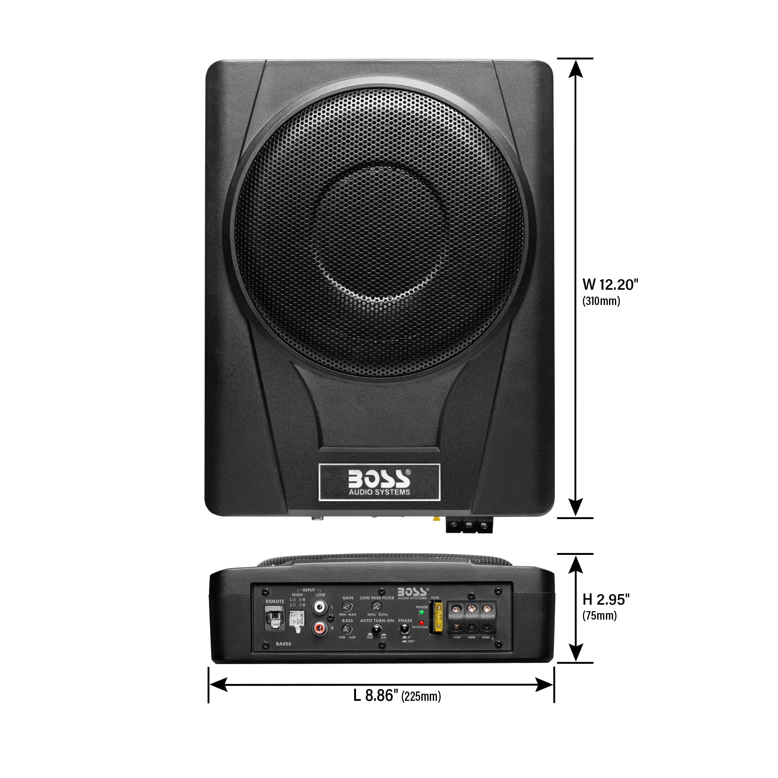 Boss Audio Systems BASS8 - Subwoofer para Coche de 8 Pulgadas para Debajo del Asiento, Salida Alta 800, Perfil bajo, Amplificador Integrado, para camión, Cajas y recintos, Control Remoto de subwoofer