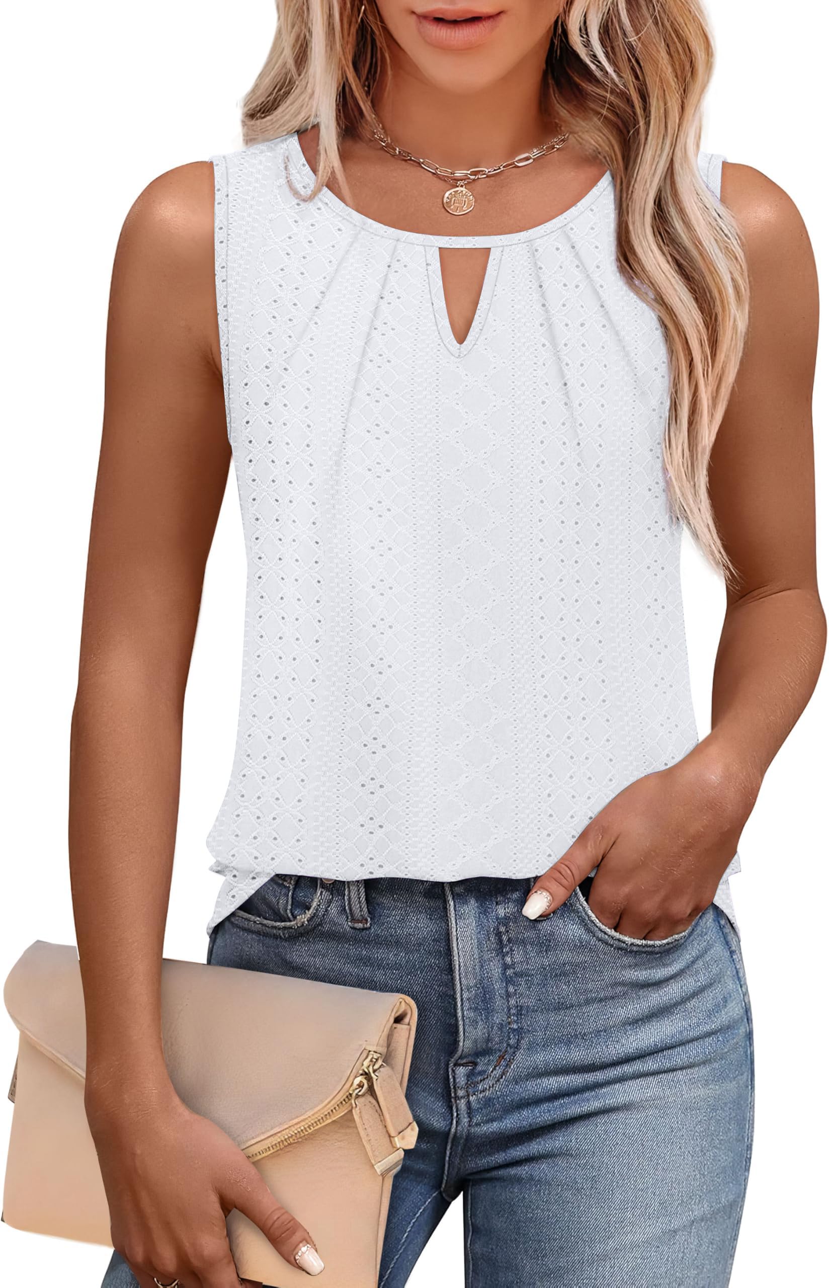 isermeo Womens Tank Tops Casual Sleeveless Eyelet Pleated Shirts Keyhole Scoop Neck Summer Tops Outfits