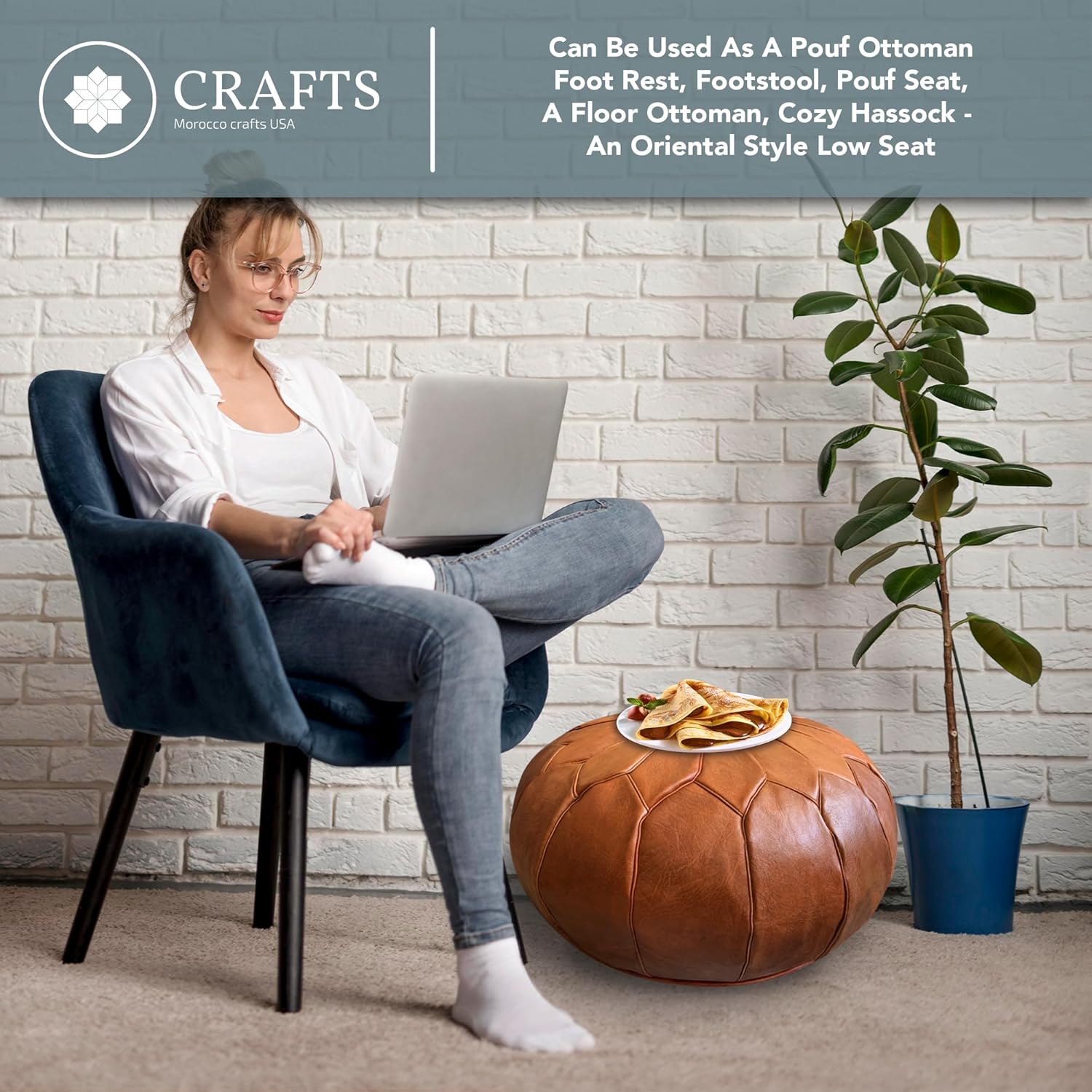 Bring Moroccan Leather Round Pouf Ottoman Cover only Unstuffed Stylish Poofy Ottoman a Footstool,Foot Rest Cover,Bohemian Living Room-Boho Decor Pouf 20" Dx12 H (Brown)