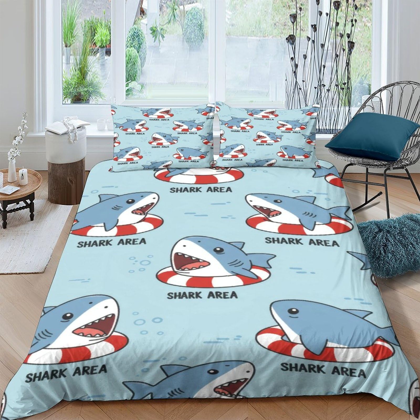 Ctjqhvkz Style-5 3D Printed Cartoon Shark Fitted Sheet Microfiber Blue Ocean Lifebuoy Mattress Cover Bedroom Home Decor Single（135X200cm）