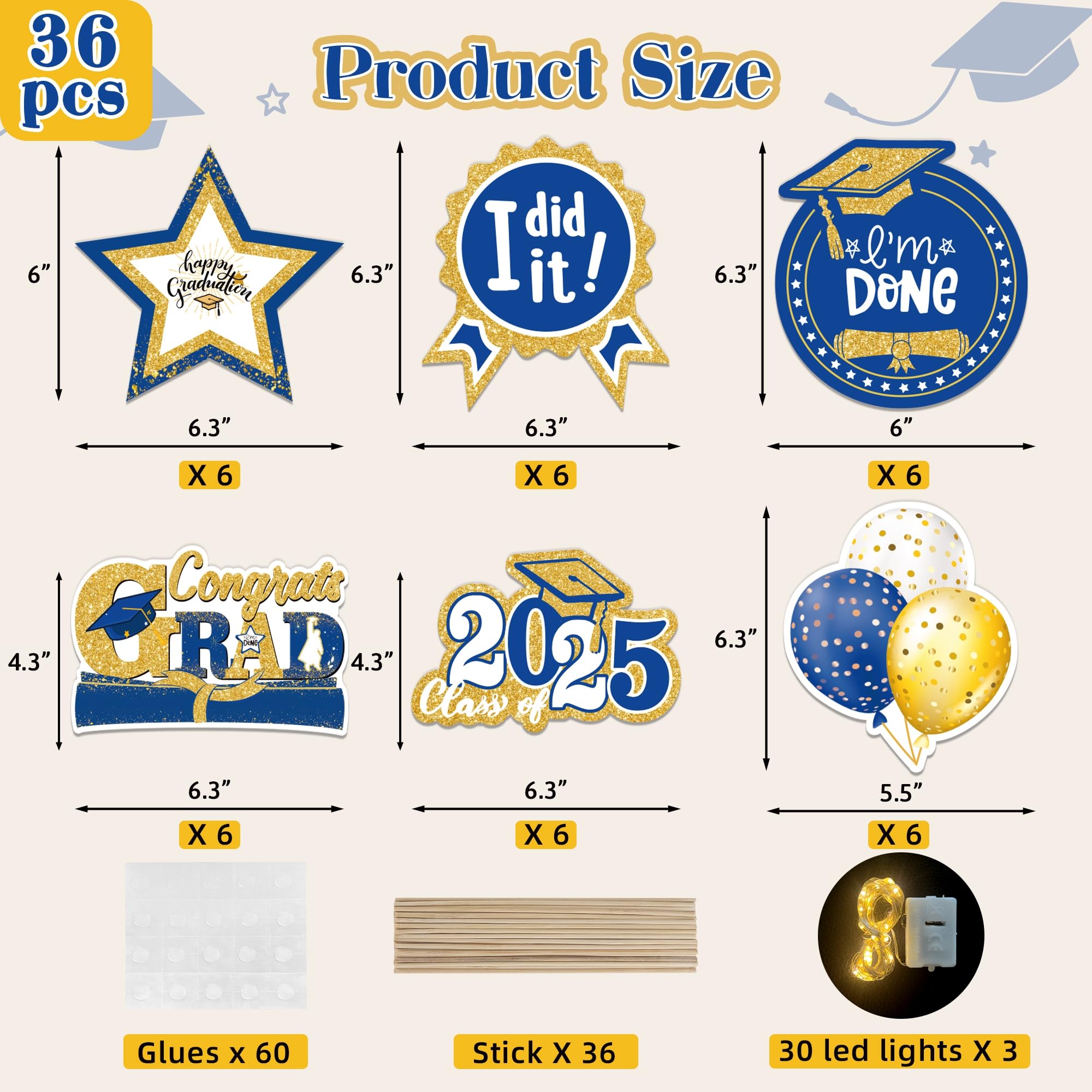 Graduation Decorations Class of 2025, 36 PCS Graduation Centerpieces Sticks with LED String Lights, Double Sided Grad Table Decorations, Grad Party Supplies for College High School, Blue and Gold