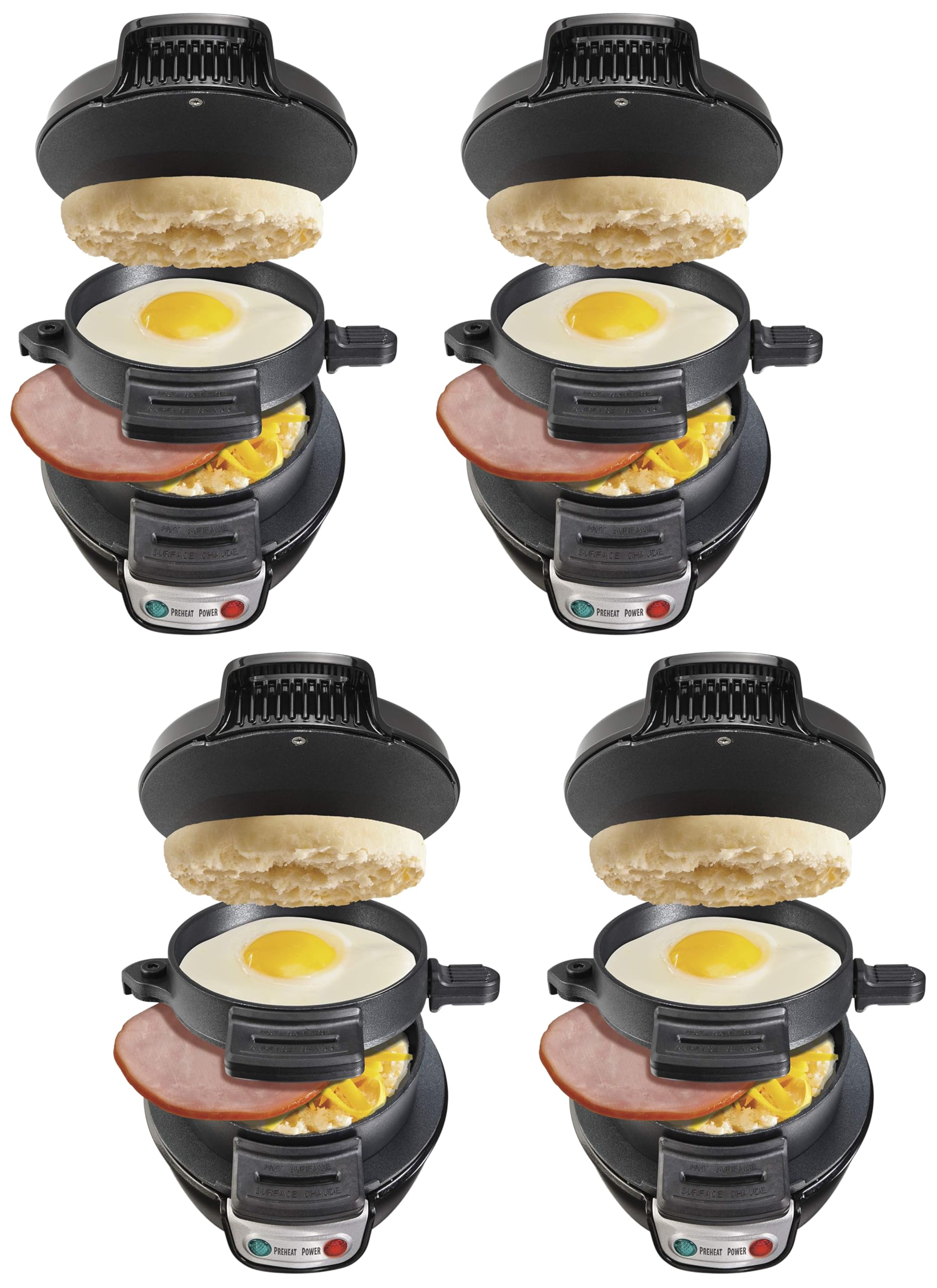 Hamilton Beach Breakfast Sandwich Maker with Egg Cooker Ring,Customize Ingredients,Perfect for English Muffins,Croissants,Mini Waffles,Perfect White Elephant Gifts,Black (25477),(Pack of 4)
