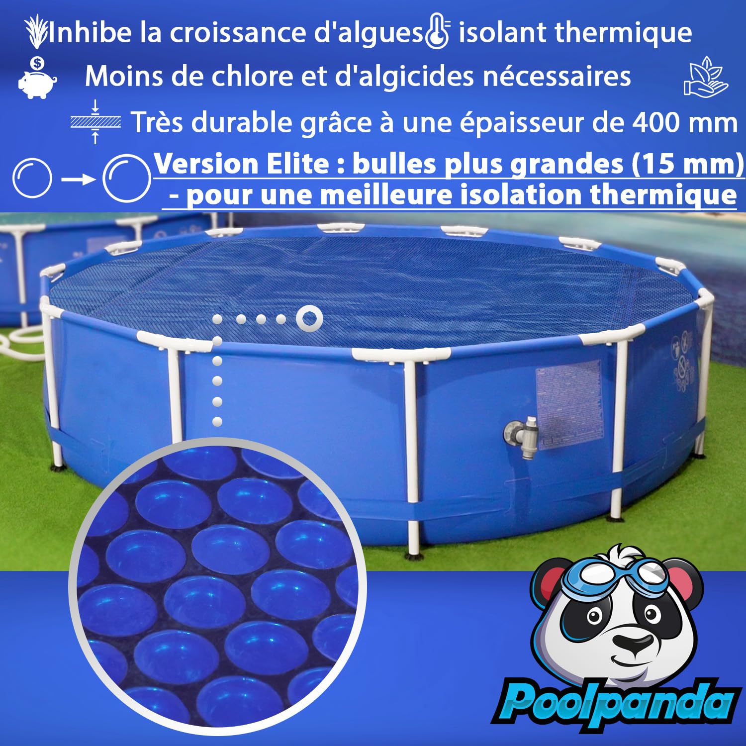 Poolpanda Elite Bâche Solaire Ronde 488 cm Épaisseur 400 µm Noir/Bleu XL Bulles d'air Film Solaire pour Piscine