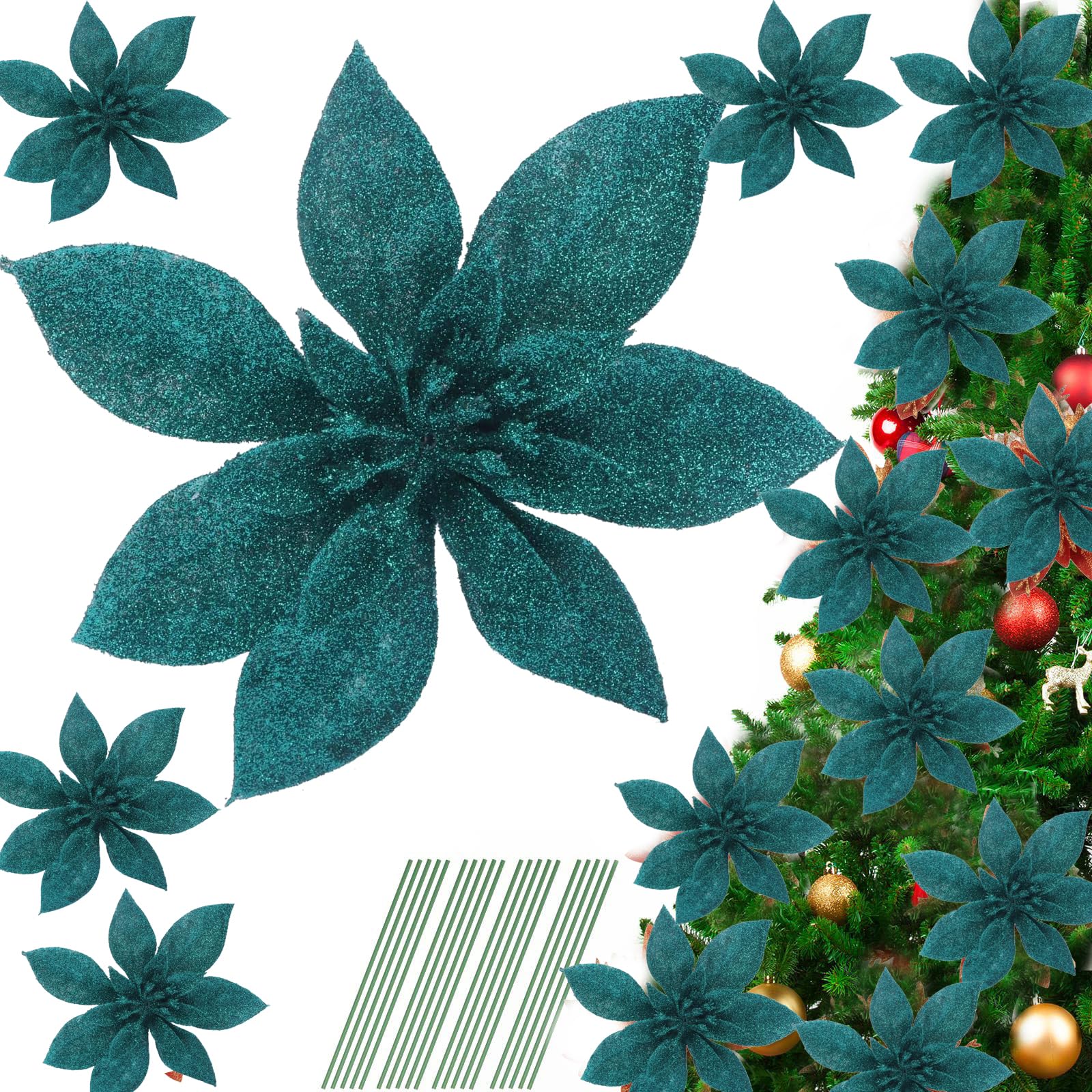 YYCRAFT Glitter Poinsettia Bloemen 6 Inch voor Kerstboom Ornamenten Kerstdecoratie (12 stuks, oranje