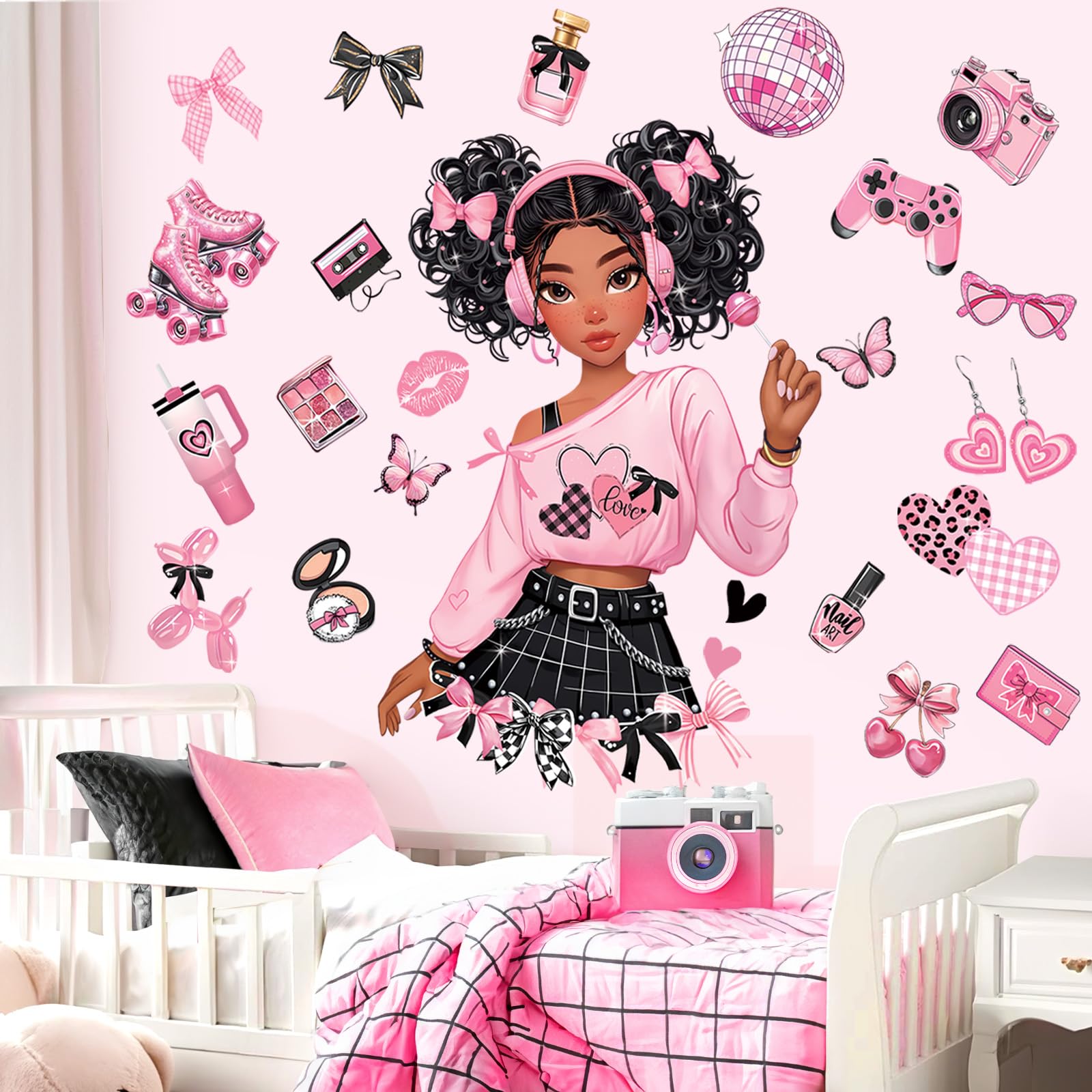 decalmile Black Girl Wall Stickers Pink Bow Butterfly African American Wall Decals Baby Nursery Bedroom Girls Room Wall Decor - Image 2