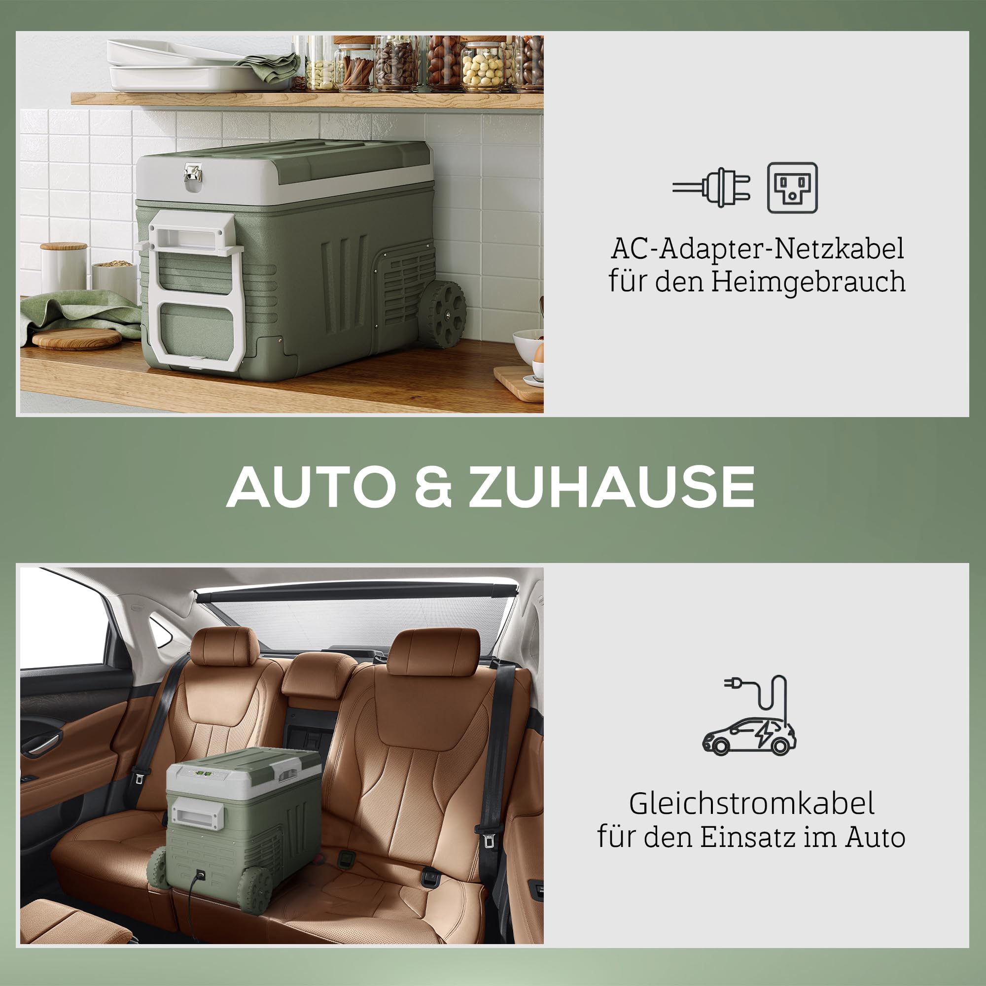 Outsunny 33 Liter Kompressor Kühlbox Leiser Elektrisch bis -20℃ Rolle Grün | Mini Kühlschrank, Kühlbox mit LED, Kühlfunktion, Gefrierbox, Thermobox, 12/230 Volt, für Auto LKW Camping Boot Reisen