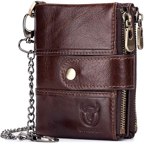 BULLCAPTAIN Leather Men Wallet with Anti-Theft Chain,Genuine Leather RFID Blocking Vintage Hasp Bifold Wallets Multifunctional Card Holder Minimalist Purse Zipper Coin Pocket with ID Window (Coffee)