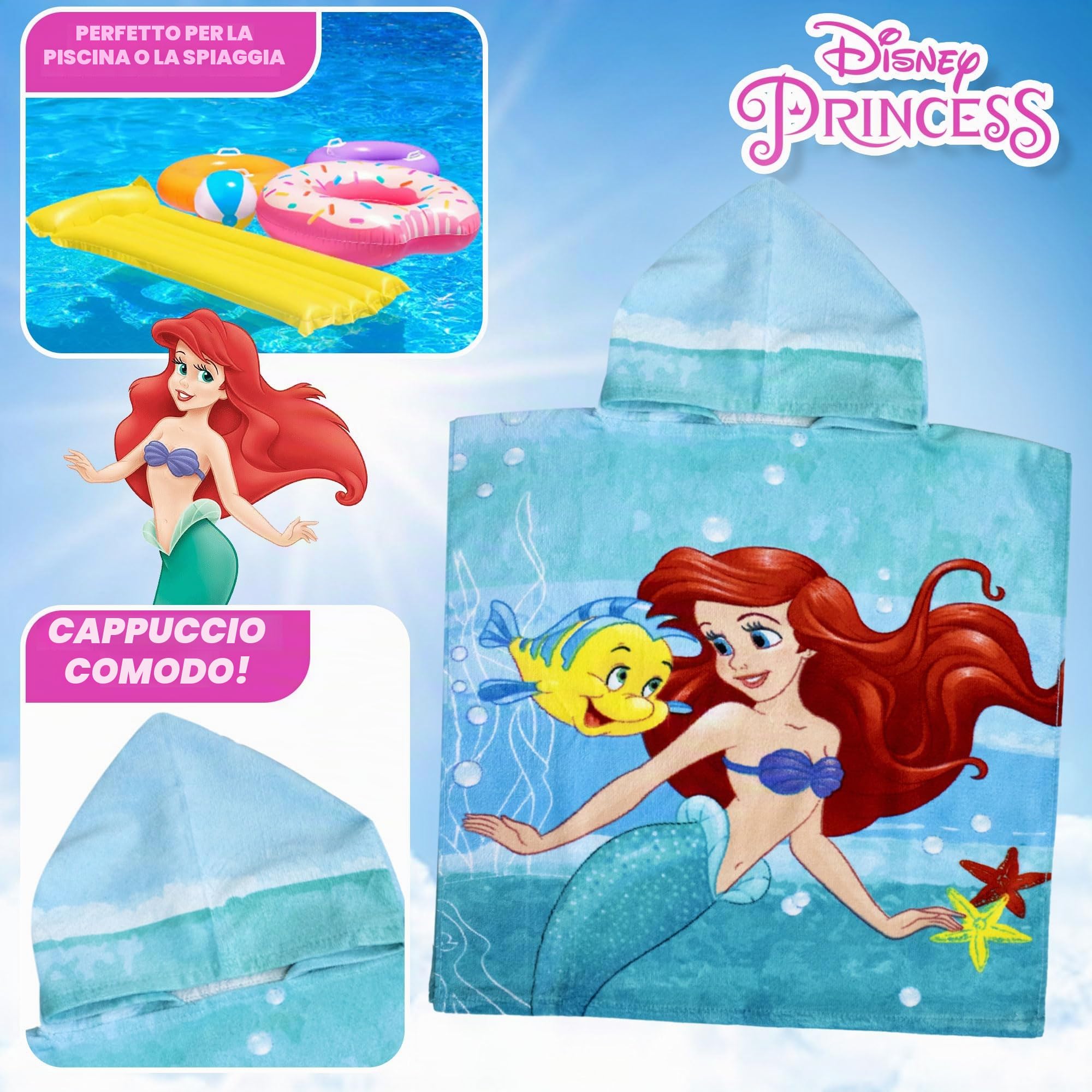 Jerry Fabrics Poncho mare La Sirenetta Ariel in cotone per bambina 50x115cm asciugamano 6801